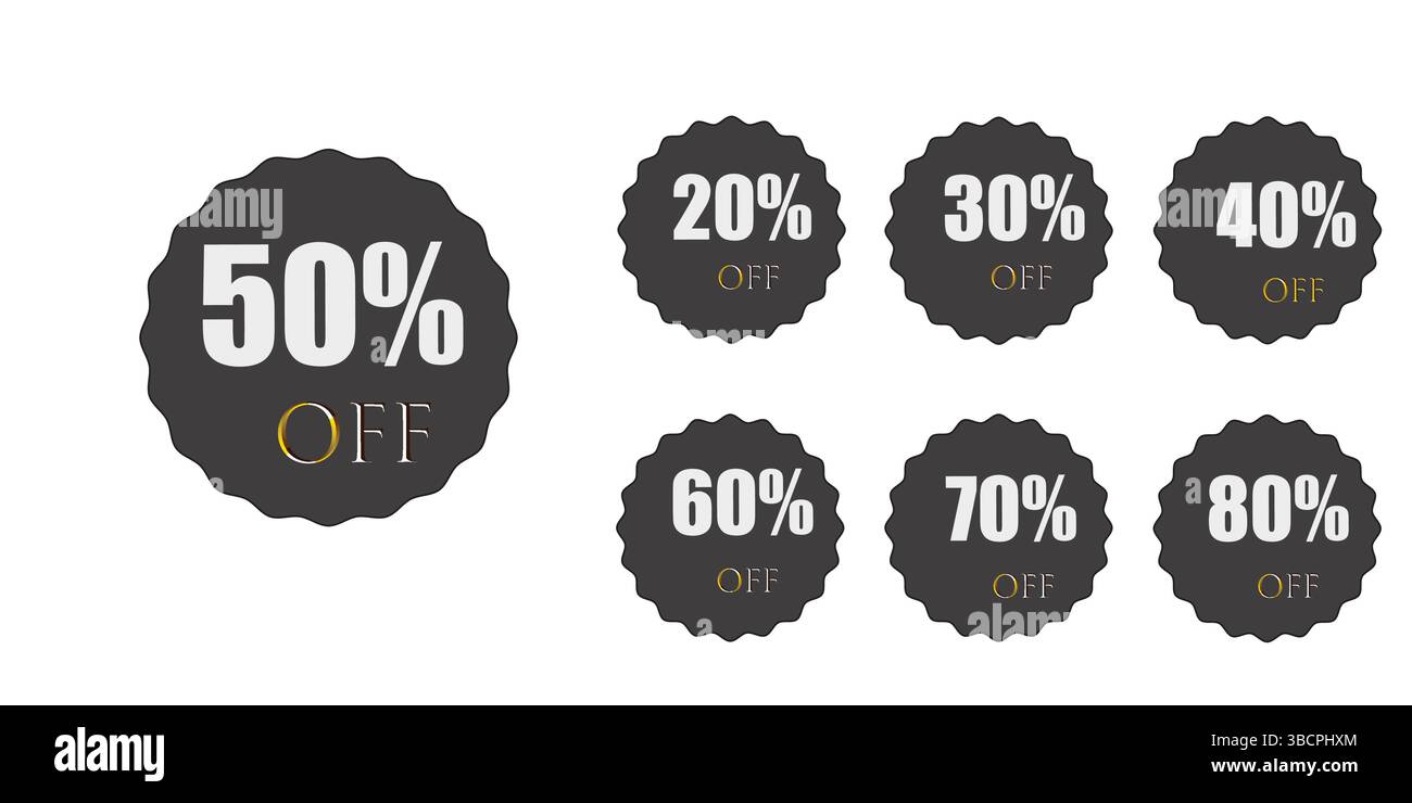 Banner etichetta sconto con diverse percentuali di vendita. 20, 30, 40, 50, 60, 70, 80% di sconto sul prezzo del badge promozione logo set di emblemi vettoriali Illustrazione Vettoriale