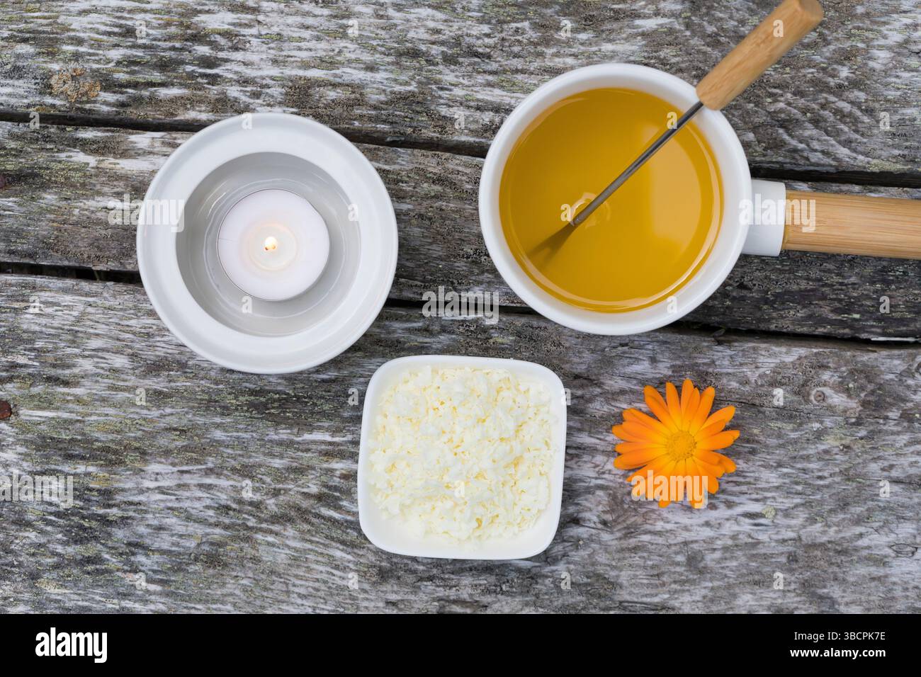 Calendula da giardino, calendula da vaso, calendula comune, cornetti, oro di Maria, calendula (Calendula officinalis), unguento fatto in casa a base di marigol Foto Stock