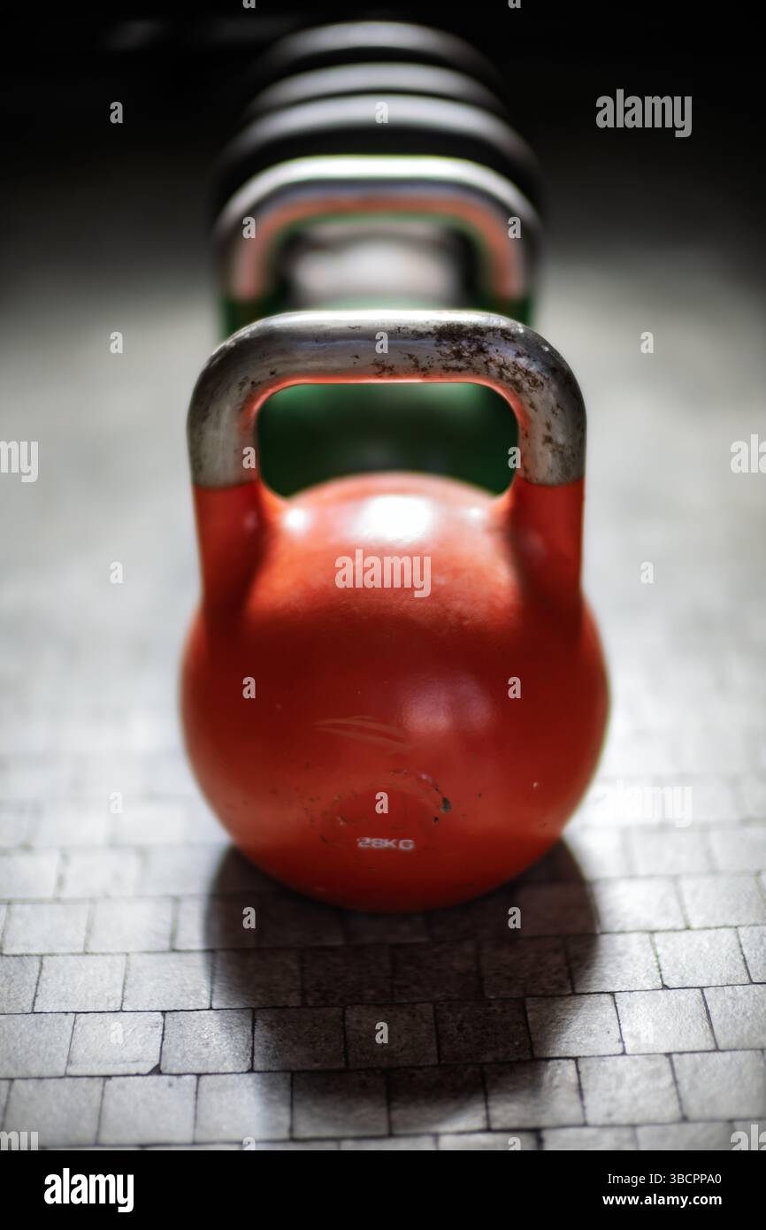 I coloratissimi kettlebell sono allestiti in una sala fitness, pronti per una sessione di allenamento. La luce della sera crea un'atmosfera invitante. Foto Stock