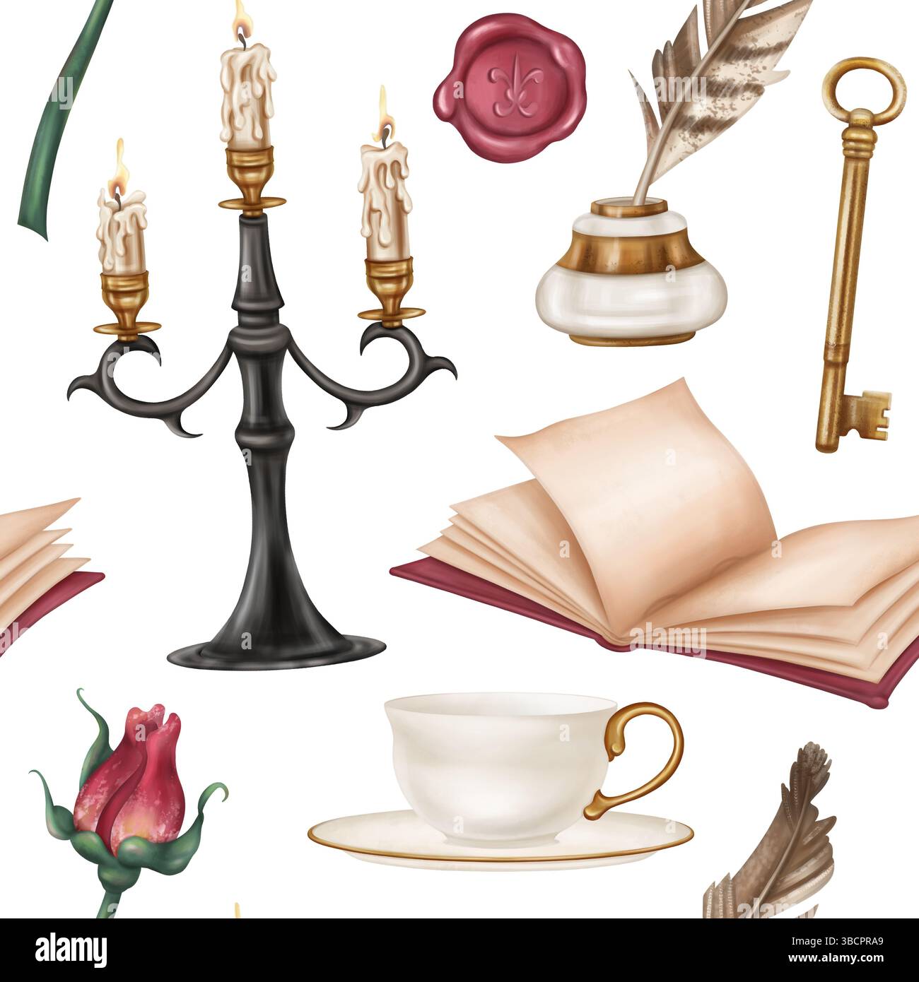 Motivo senza cuciture con pozzo d'inchiostro retrò e piume da scrittura, diario, tè, rosa, candela, chiave d'oro. Atmosfera reale. Vecchie decorazioni vintage in stile classico Foto Stock