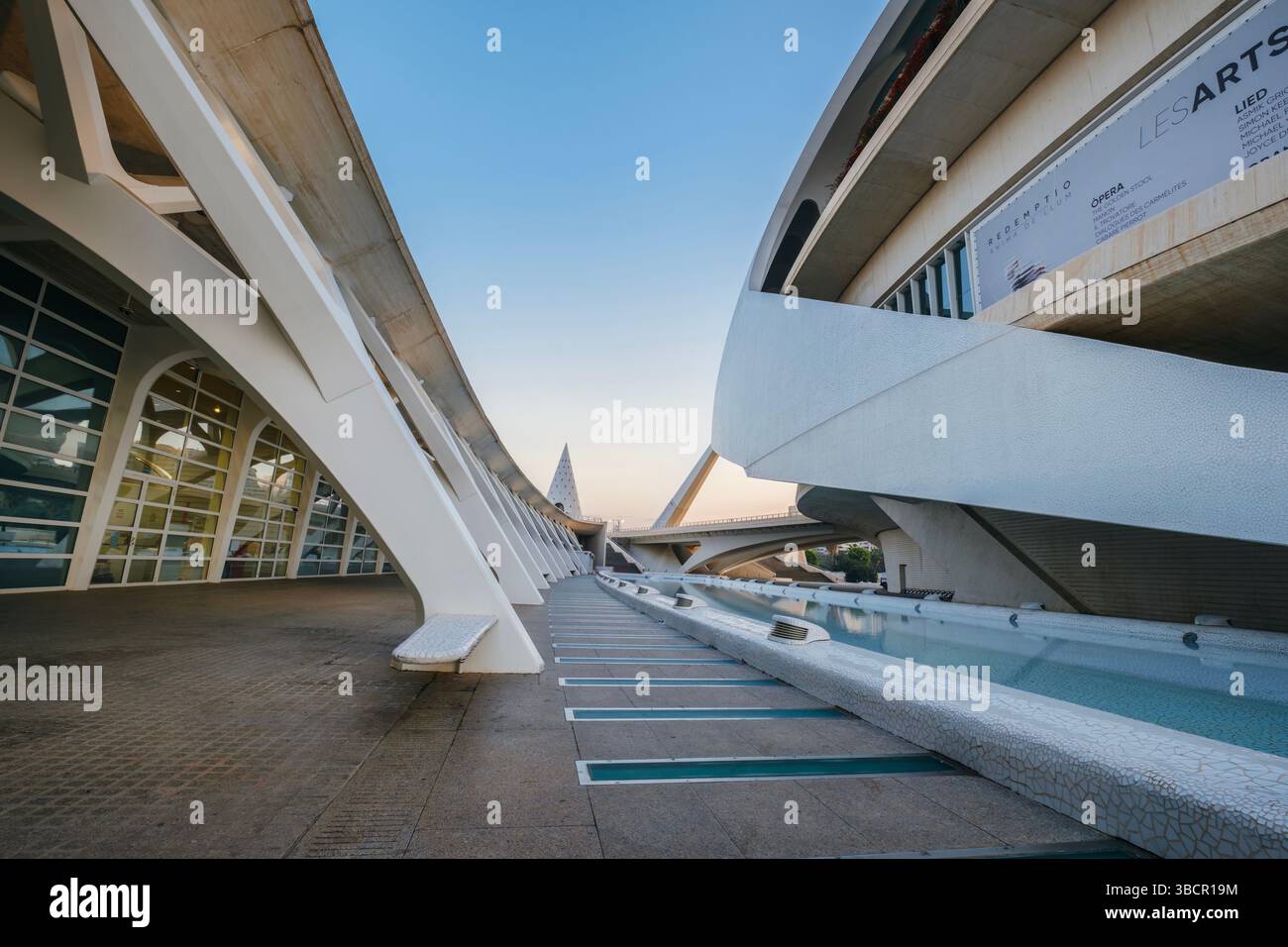 Intricati dettagli architettonici delle Arti e delle Scienze a Valencia, Spagna, che mostrano le strutture uniche in cemento e il design futuristico. Eccellente per Foto Stock