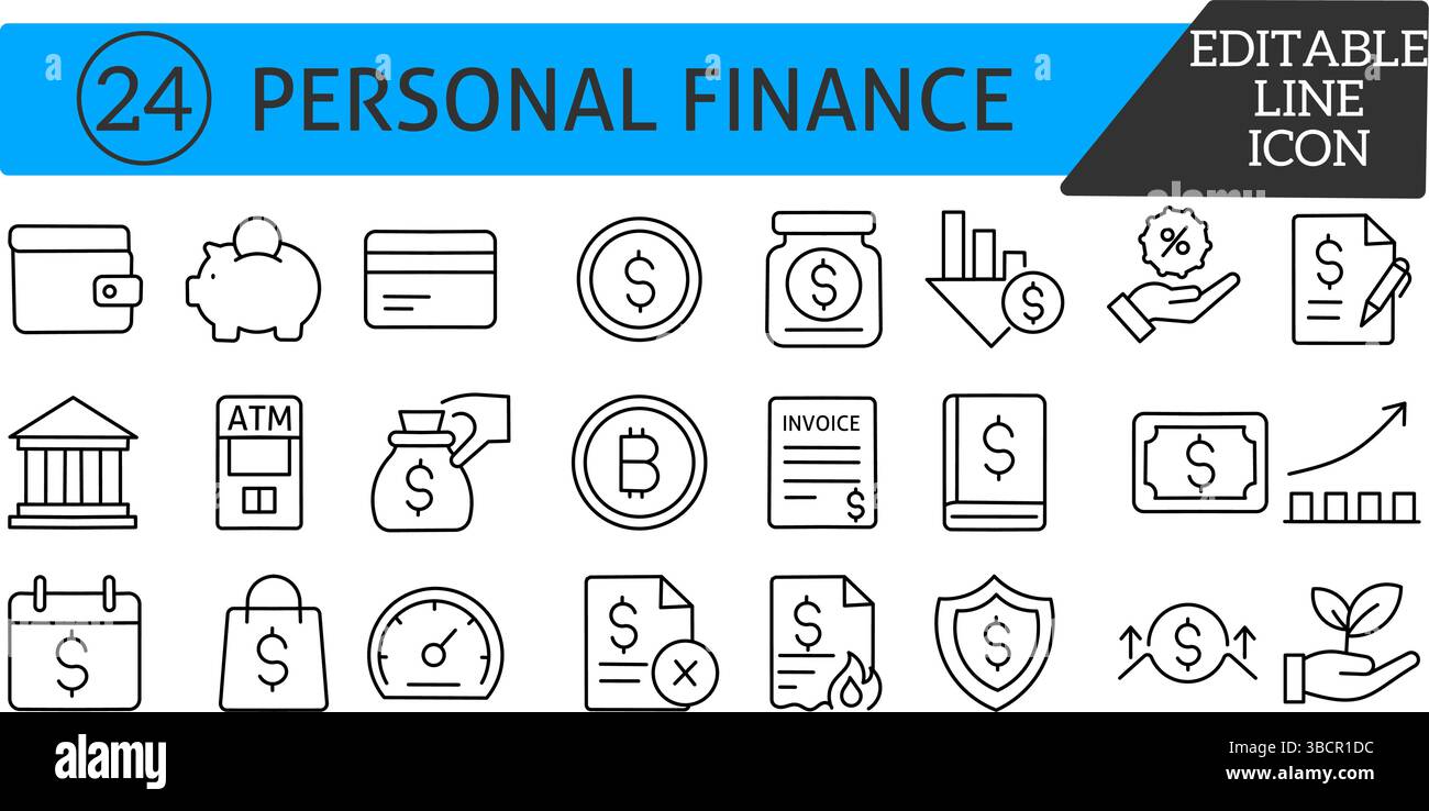 24 icone vettoriali modificabili: Pianificazione finanziaria, portafoglio, investimenti e risparmi. Illustrazione Vettoriale