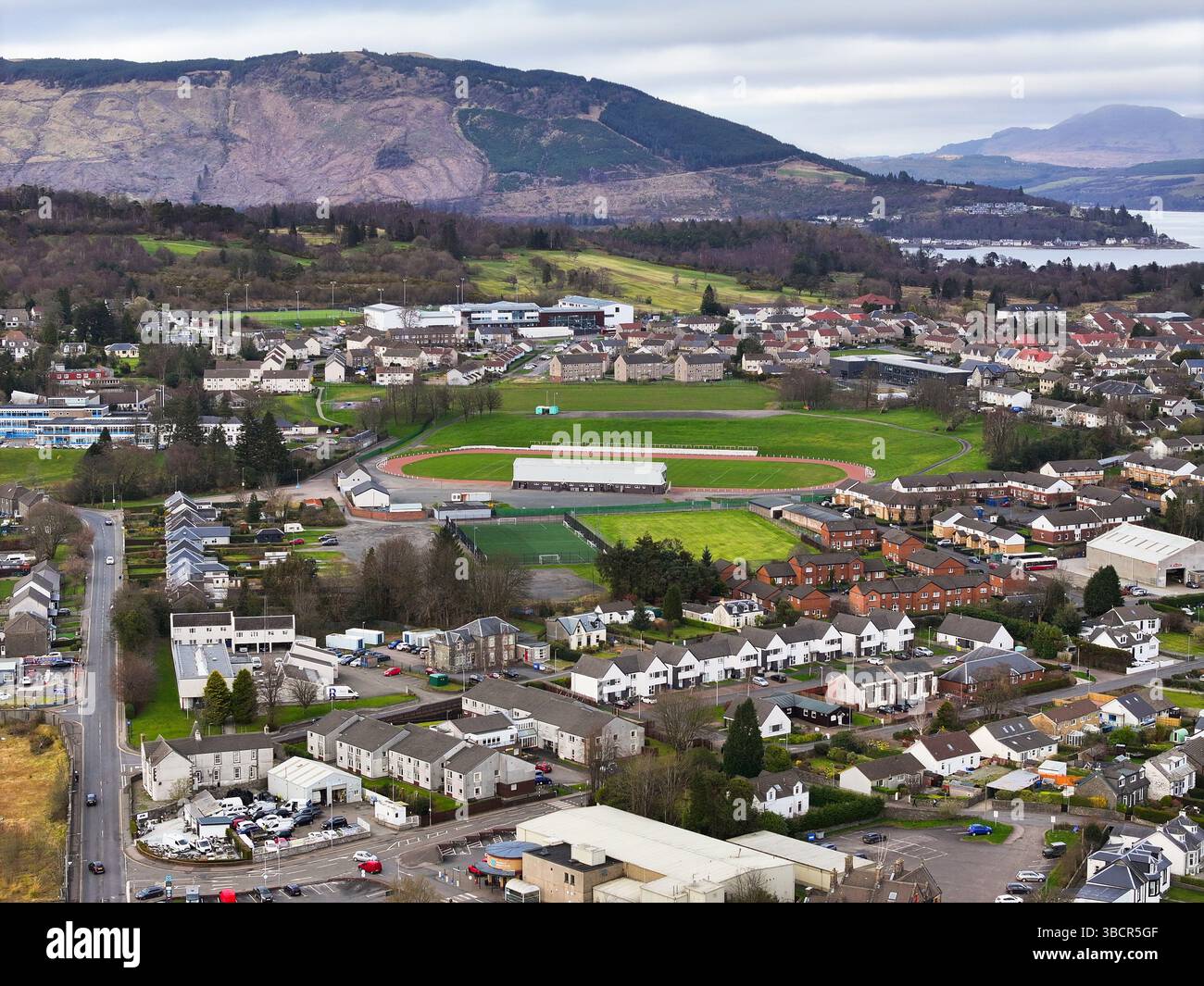 Vista aerea con droni di Dunoon Argyll e Bute Scotland Foto Stock