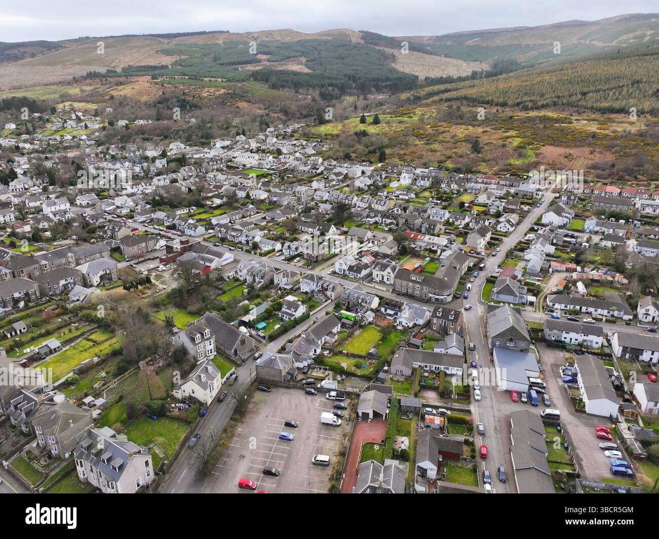 Vista aerea con droni di Dunoon Argyll e Bute Scotland Foto Stock