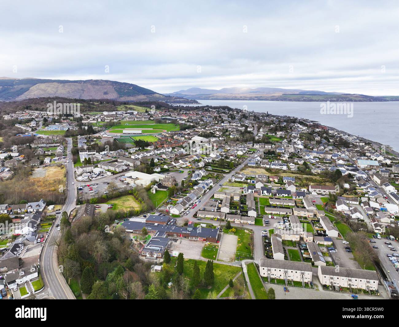 Vista aerea con droni di Dunoon Argyll e Bute Scotland Foto Stock