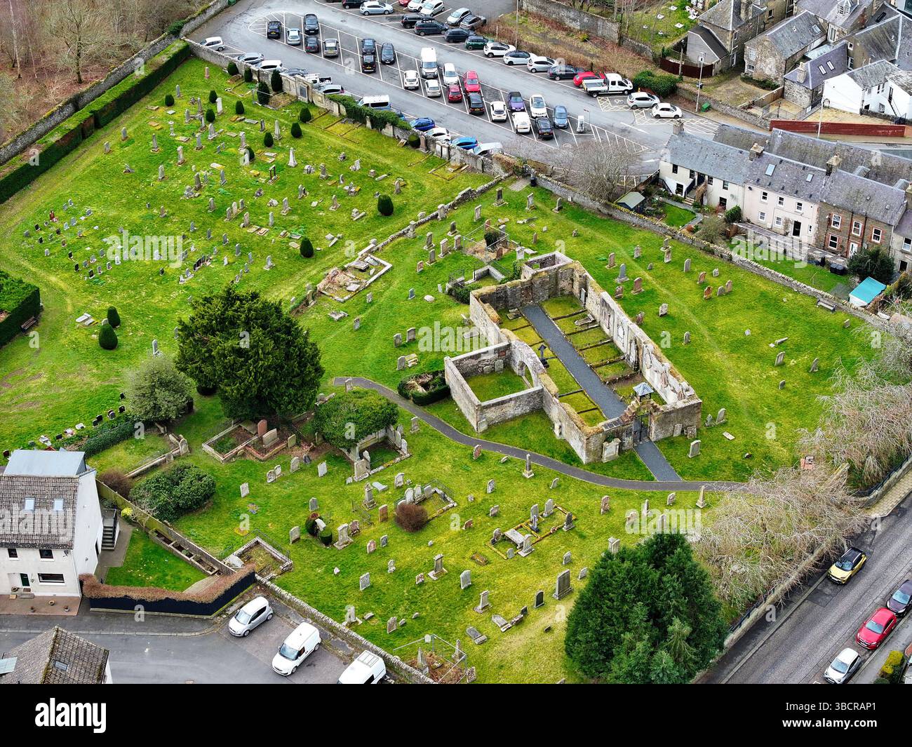 Vista aerea con drone di Auld Kirk Selkirk Foto Stock