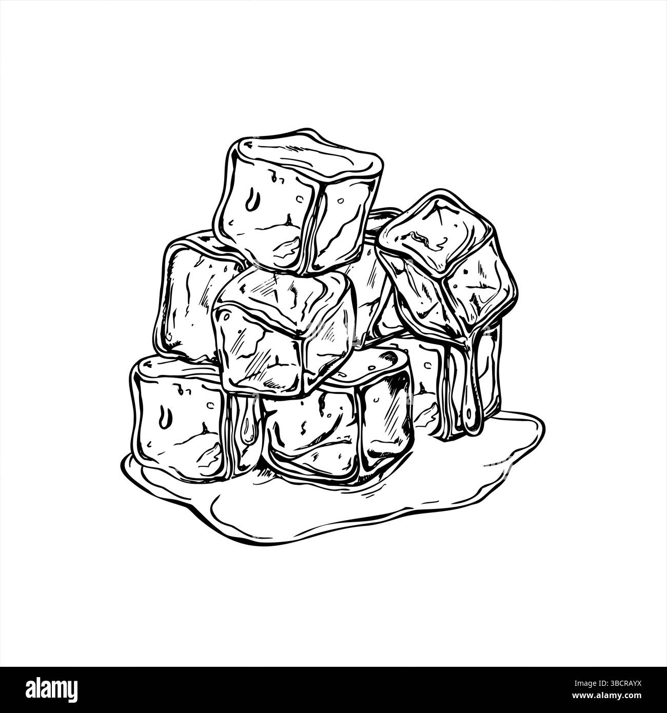 Cubetti di ghiaccio impilati che si fondono in una pozzanghera d'acqua illustrazione vettoriale monocromatica. Disegno grafico in mattoni di cristallo per il confezionamento di bevande, menu da bar Illustrazione Vettoriale
