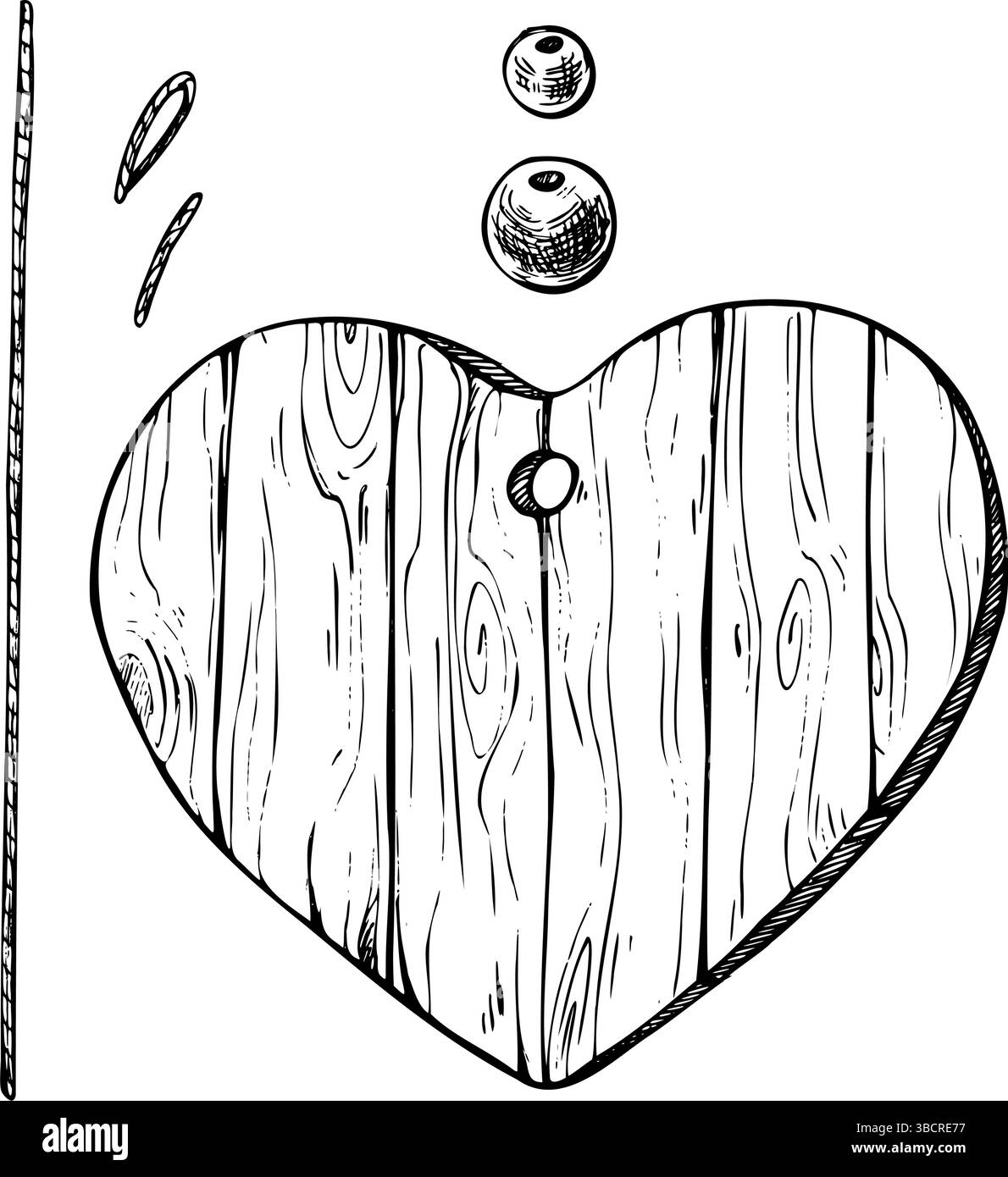 Cuore di legno, appeso con un buco con una corda e perline. Grafica grafica grafica grafica grafica grafica grafica grafica grafica grafica grafica grafica grafica grafica grafica grafica grafica grafica grafica in bianco e nero. Una serie di Illustrazione Vettoriale