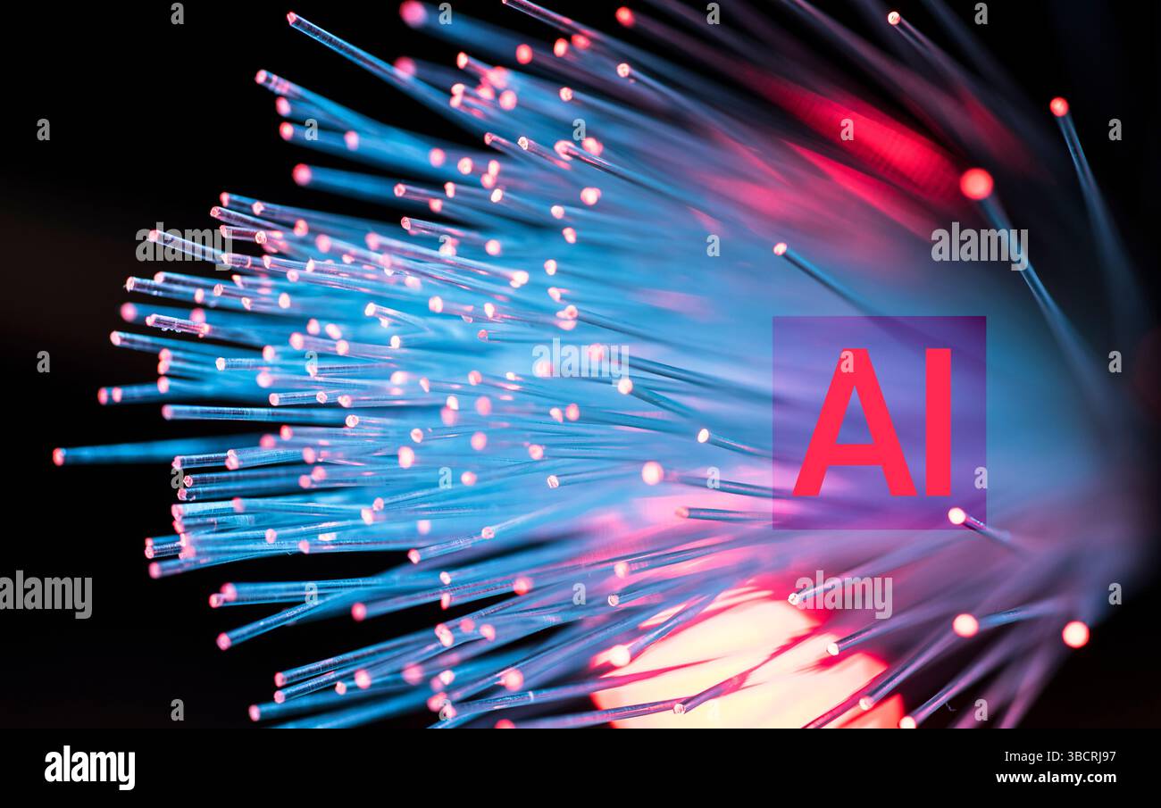 Immagine generata digitalmente di fibre ottiche con il segno IA Foto Stock