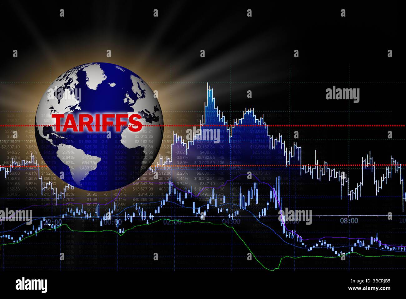 Globo mondiale con tariffe scritte su di esso e grafici del mercato azionario Foto Stock