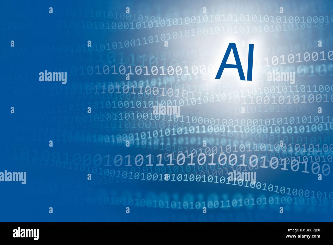 Simbolo "AI" mobile su sfondo blu con numeri binari Foto Stock