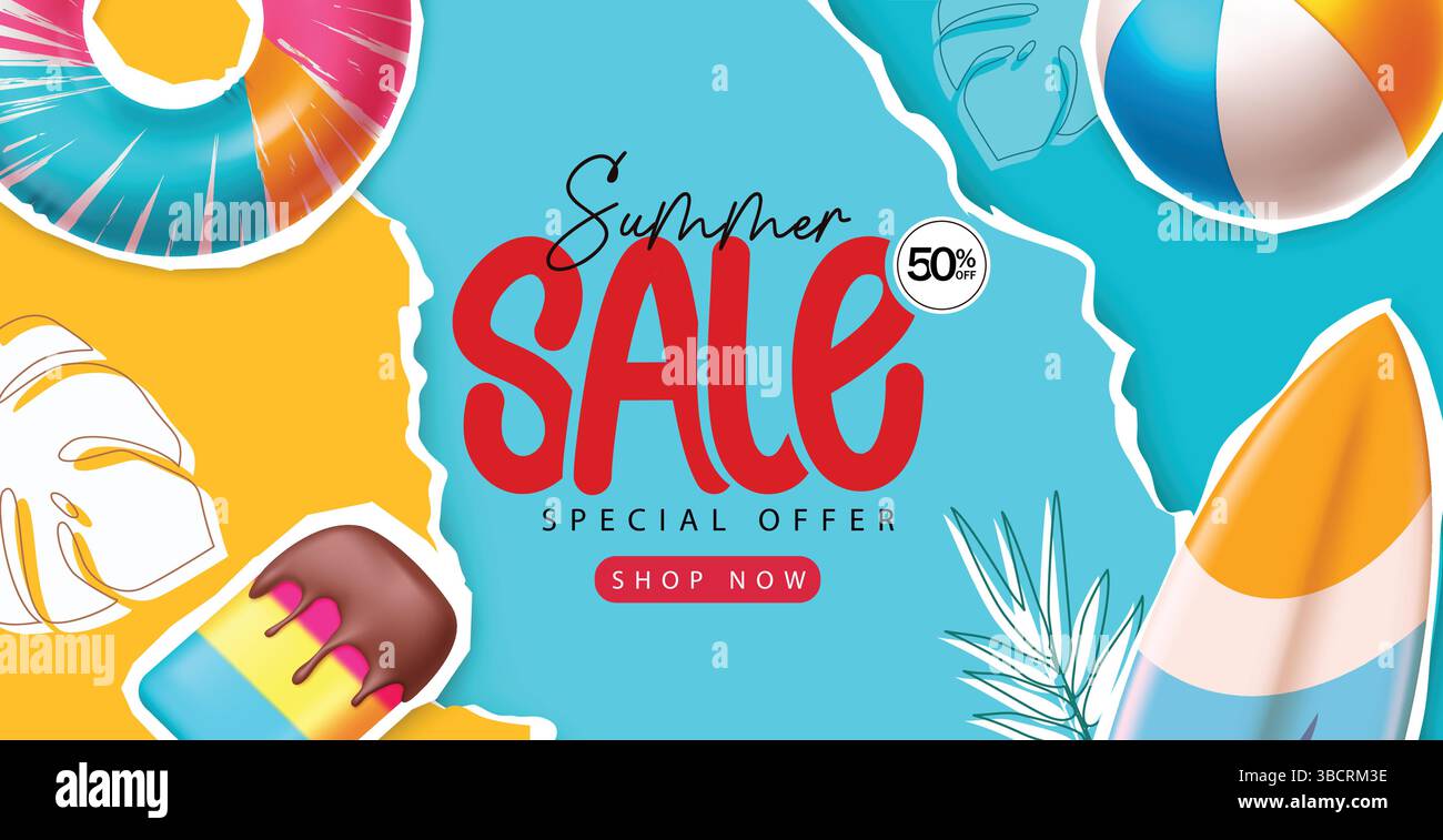Design banner vettoriale di vendita estiva. Offerta speciale Summer sale TEXT 50% di sconto. Vendita estiva design per striscioni a forma di carta, illustrazione vettoriale. Illustrazione Vettoriale