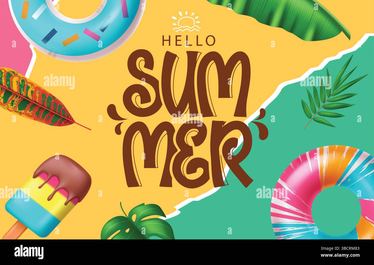 Hello Summer Greeting design, Hello Summer text con elementi vettoriali estivi e tropicali in sfondo papercut, illustrazione vettoriale. Illustrazione Vettoriale