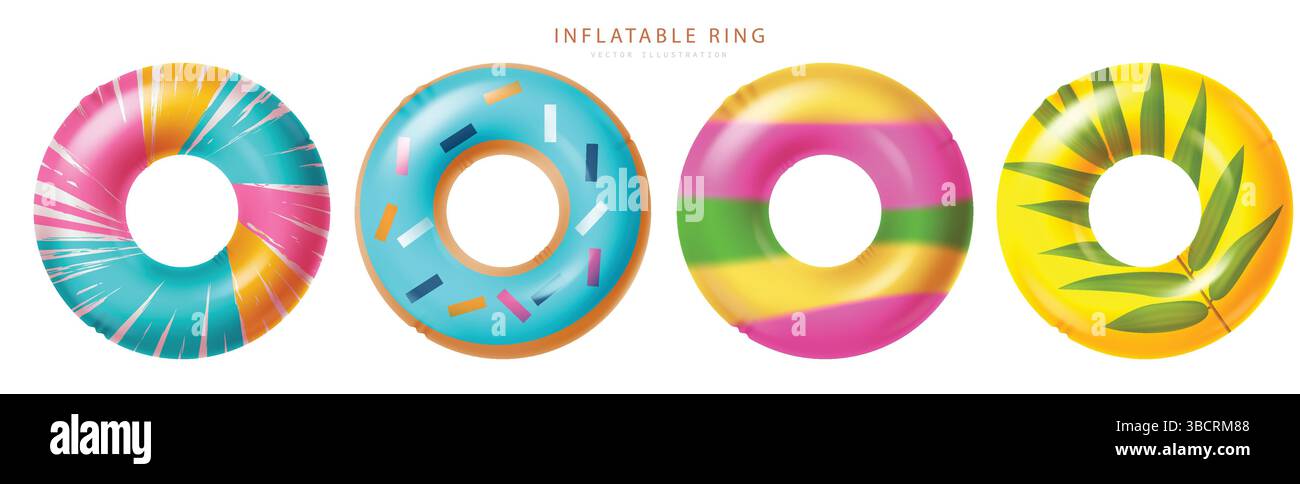Set di elementi vettoriali ad anello gonfiabili estivi. Anelli gonfiabili estivi, collezione di oggetti galleggianti per nuoto in vacanza. Illustrazione vettoriale Illustrazione Vettoriale