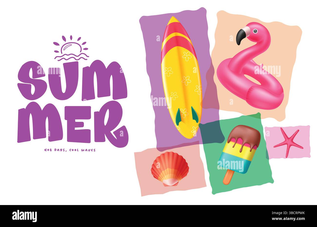 Buongiorno giorni caldi estivi, belle onde testo vettoriale, Hello Summer greeting text con elementi vettoriali estivi, illustrazione vettoriale. Illustrazione Vettoriale