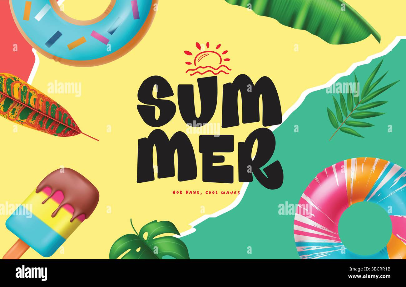 Hello Summer Greeting design, Hello Summer text con elementi vettoriali estivi e tropicali in sfondo papercut, illustrazione vettoriale. Illustrazione Vettoriale