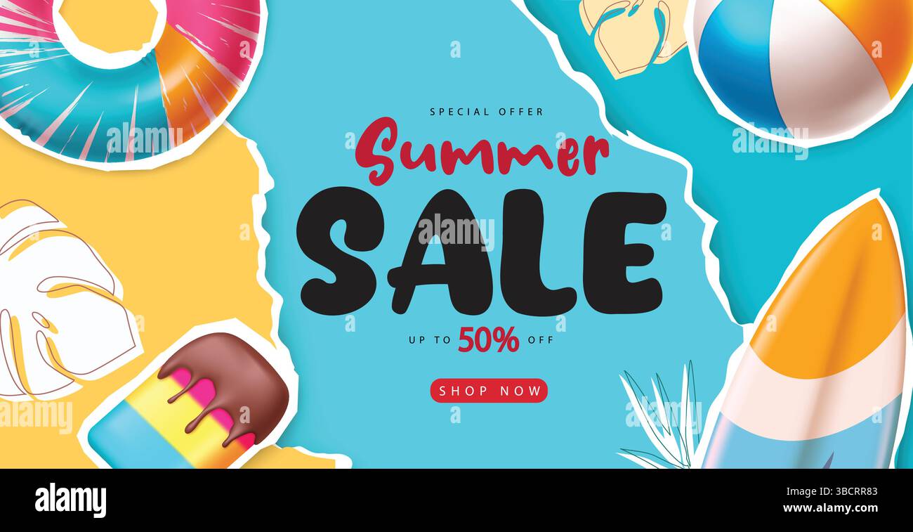Design banner vettoriale di vendita estiva. Offerta speciale Summer sale TEXT 50% di sconto. Vendita estiva design per striscioni a forma di carta, illustrazione vettoriale. Illustrazione Vettoriale