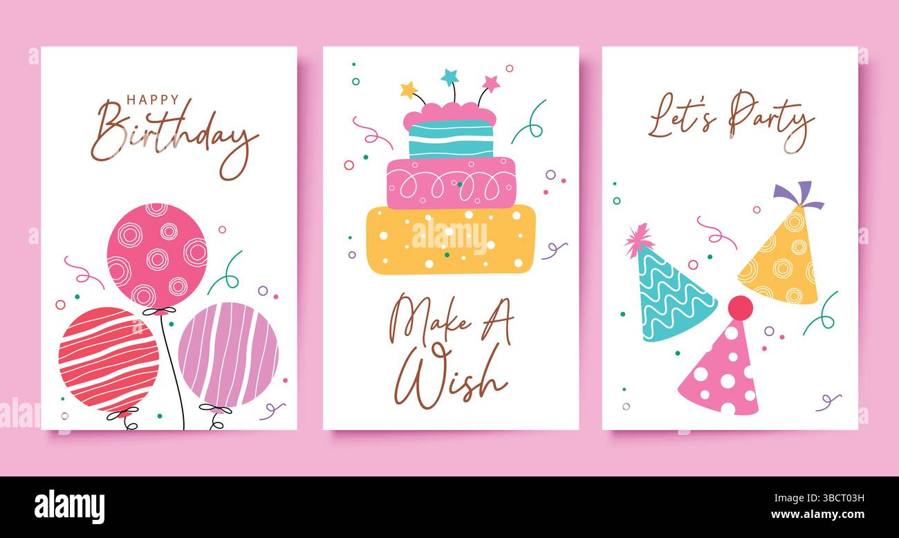 Poster di auguri di compleanno isolato su sfondo rosa, illustrazione vettoriale. Illustrazione Vettoriale