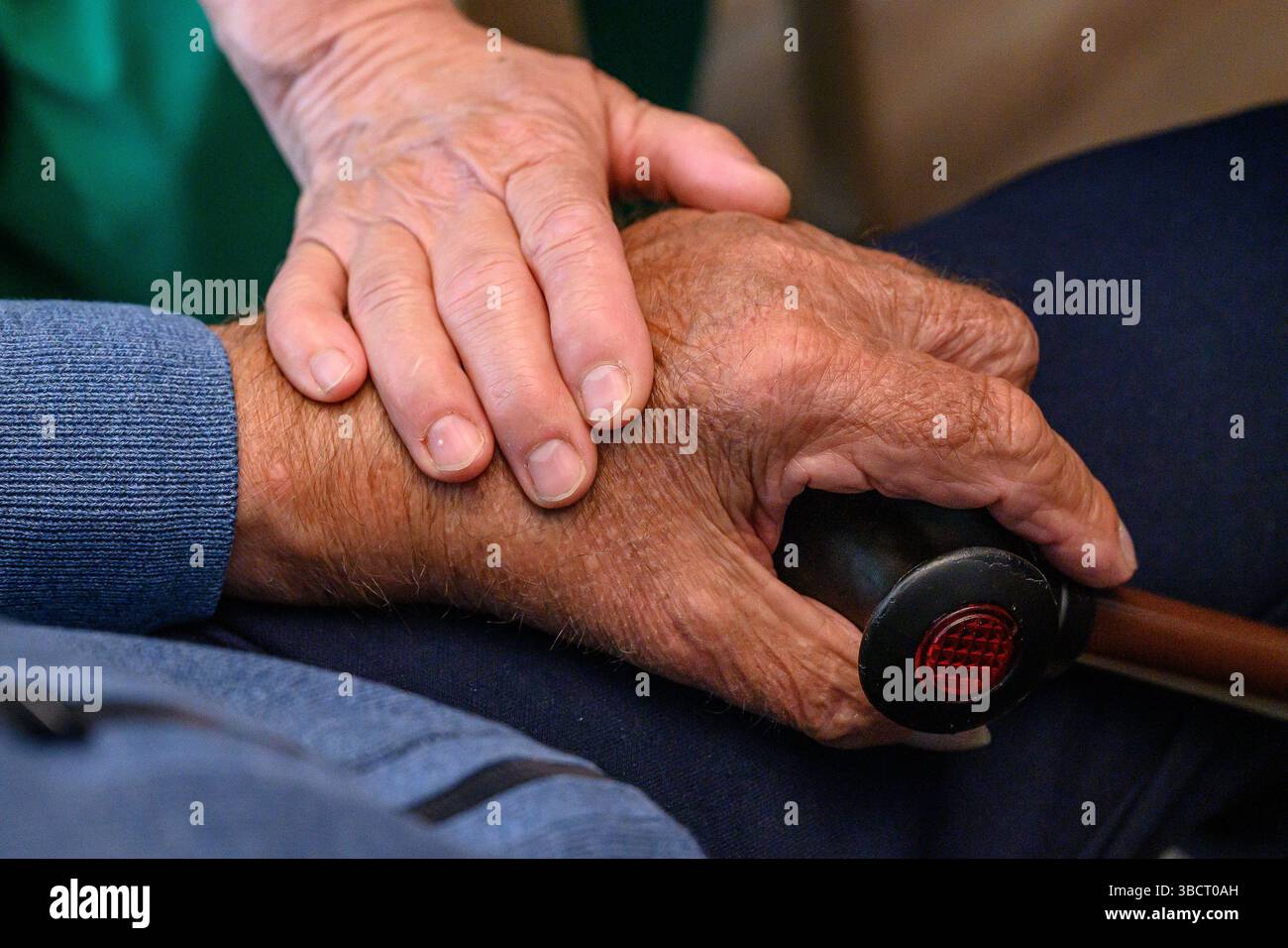 ILLUSTRAZIONE - 21 maggio 2025, bassa Sassonia, Göttingen: Un pilota volontario di emergenza tiene la mano di un paziente anziano nell'area di trattamento del pronto soccorso presso il Centro medico universitario Göttingen (UMG). L'immagine simbolica è associata ad un progetto pilota per la cura di anziani pazienti di emergenza da parte di piloti di emergenza. L'obiettivo è prevenire la confusione acuta nei pazienti a rischio di demenza e quindi migliorare le possibilità di guarigione. Il progetto è in esecuzione dall'aprile 2024 ed è stato testato anche presso il Charité Berlin e l'ospedale universitario di Mannheim. (Scena) foto: Swen PF Foto Stock