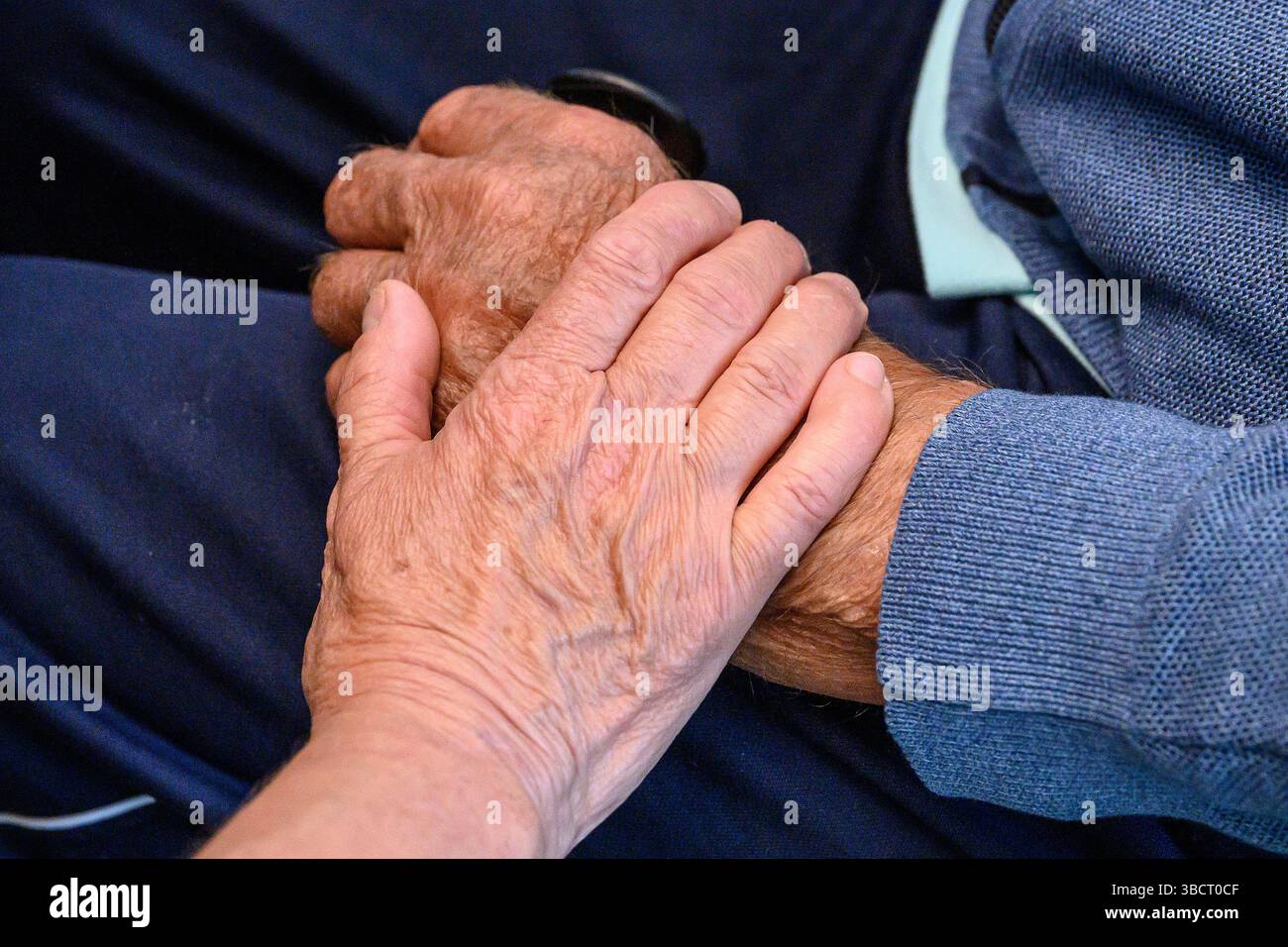 ILLUSTRAZIONE - 21 maggio 2025, bassa Sassonia, Göttingen: Un pilota volontario di emergenza tiene la mano di un paziente anziano nell'area di trattamento del pronto soccorso presso il Centro medico universitario Göttingen (UMG). L'immagine simbolica è associata ad un progetto pilota per la cura di anziani pazienti di emergenza da parte di piloti di emergenza. L'obiettivo è prevenire la confusione acuta nei pazienti a rischio di demenza e quindi migliorare le possibilità di guarigione. Il progetto è in esecuzione dall'aprile 2024 ed è stato testato anche presso il Charité Berlin e l'ospedale universitario di Mannheim. (Scena) foto: Swen PF Foto Stock