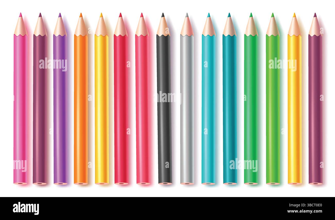 Design vettoriale del set di matite a colori. Collezione di penne colorate e colorate isolate su sfondo bianco. Disegno di illustrazione vettoriale ed elementi di schizzo. Illustrazione Vettoriale