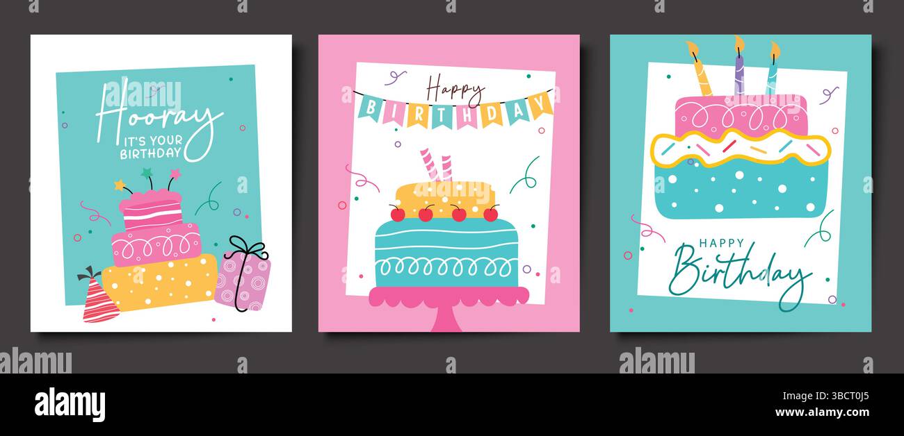 Set di poster di design per auguri di compleanno isolato su sfondo nero, illustrazione vettoriale. Illustrazione Vettoriale