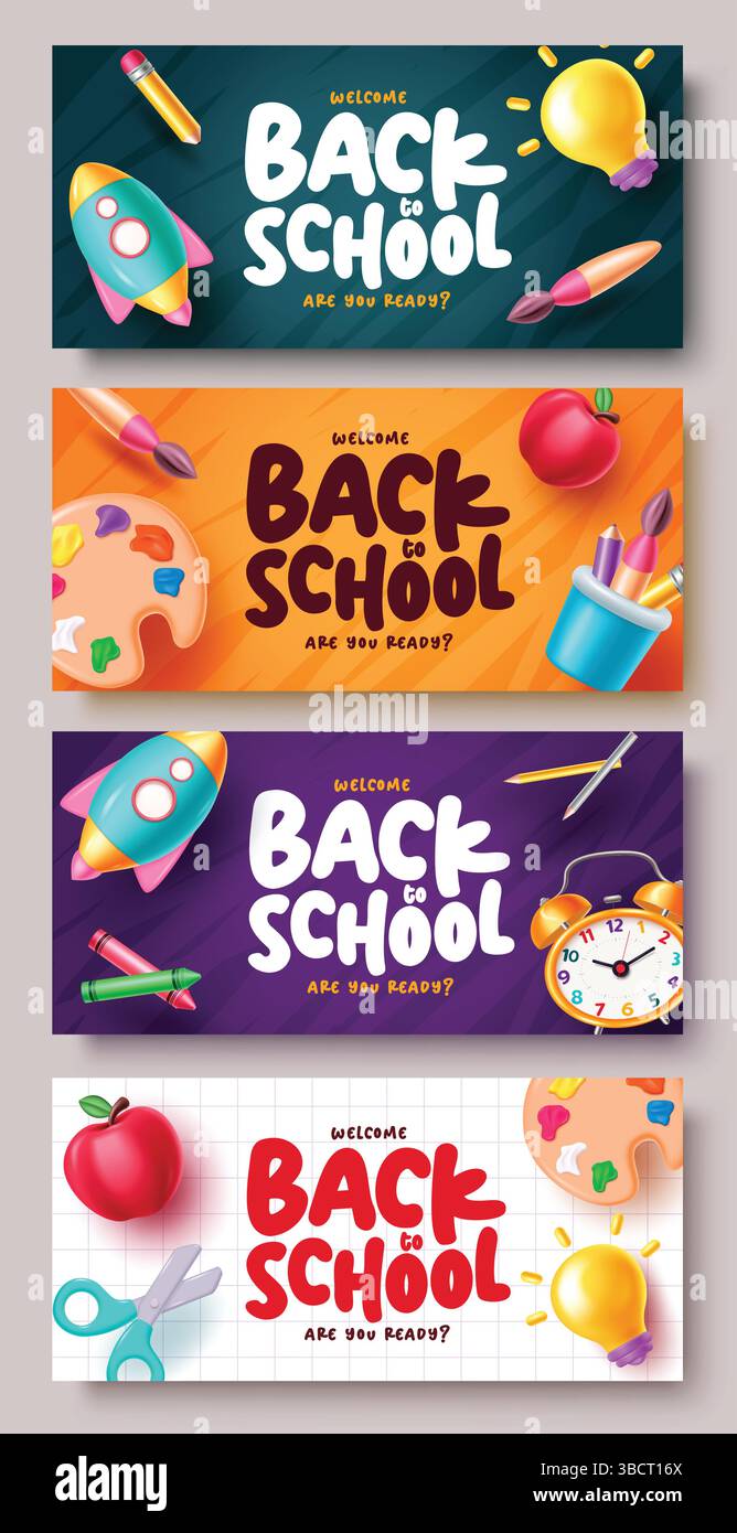 Design del set di banner vettoriali Back to School. Bentornato a scuola testo di saluto con elementi vettoriali colorati Back to School. Illustrazione vettoriale. Illustrazione Vettoriale