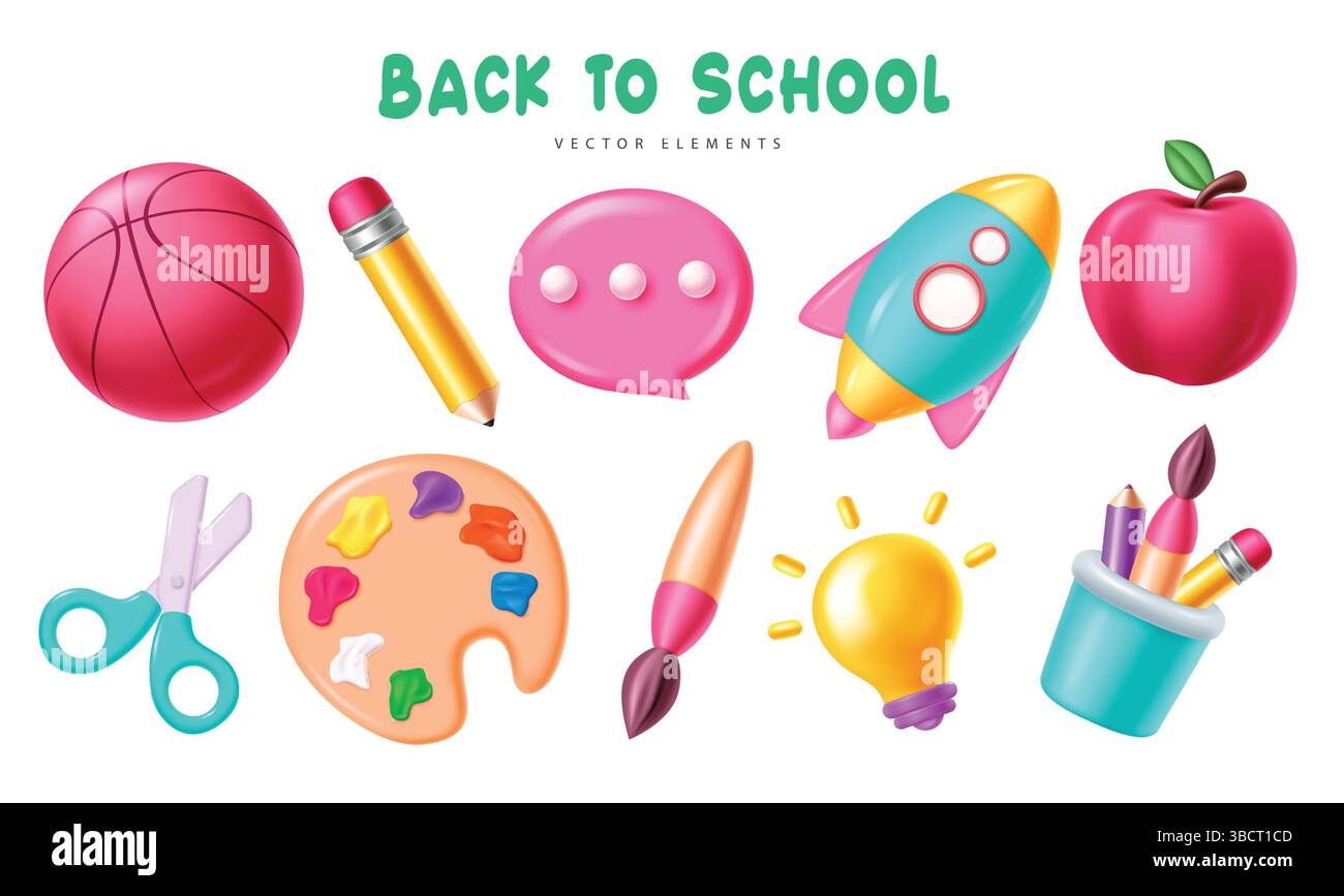 Progettazione di set vettoriali di elementi di ritorno alla scuola. Colorata e graziosa, la scuola fornisce elemento vettoriale isolato su sfondo bianco. Illustrazione vettoriale. Illustrazione Vettoriale