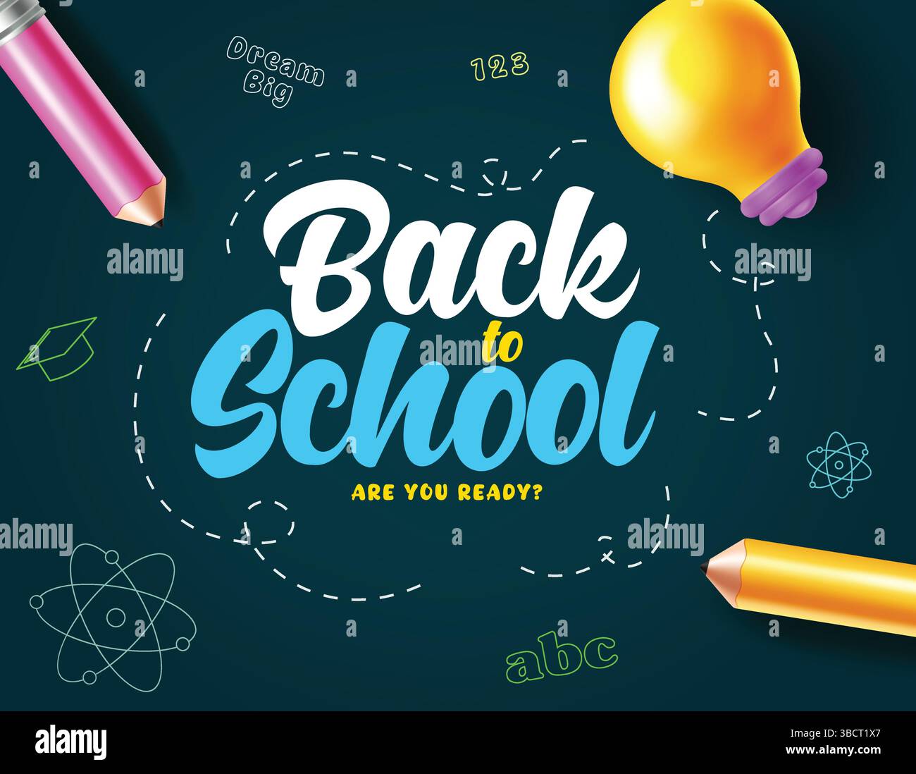 Torna a pos. Modello clipart scuola Testo di saluto scolastico con elementi educativi Illustrazione Vettoriale