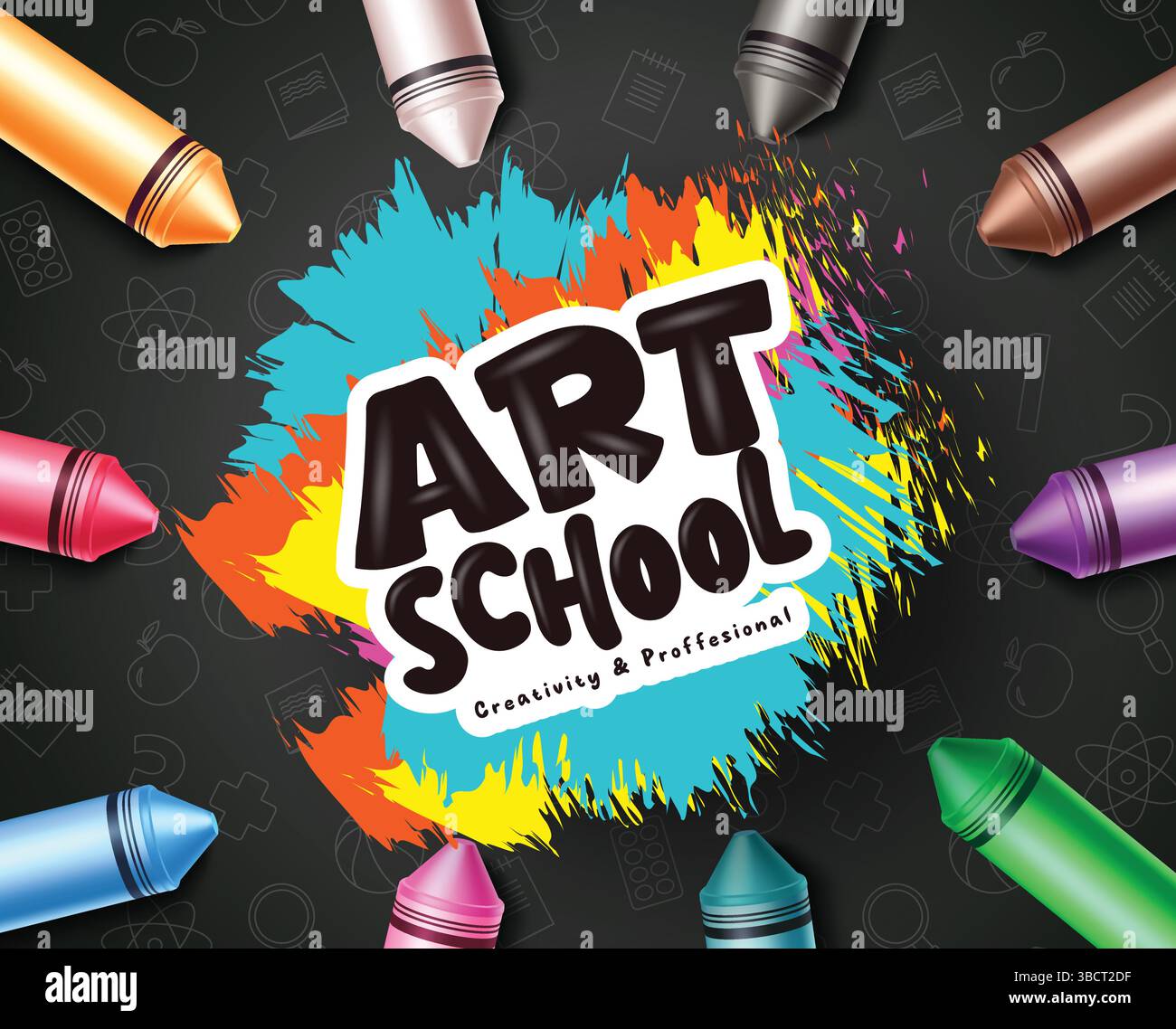Ritorno a scuola clipart disegno astratto. Clip art di testo per la scuola d'arte con materiali didattici colorati, elementi e oggetti per il background didattico Illustrazione Vettoriale