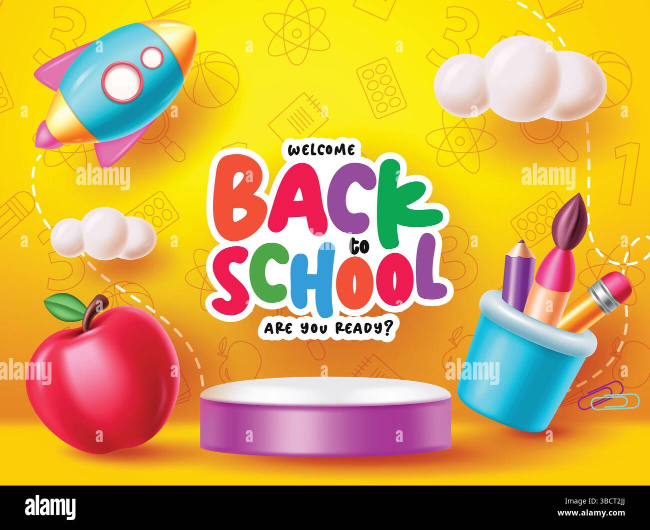 Bentornato al modello clipart scolastico. Testo di saluto scolastico con podio e simpatici elementi educativi clip art illustrazione vettoriale. Illustrazione Vettoriale