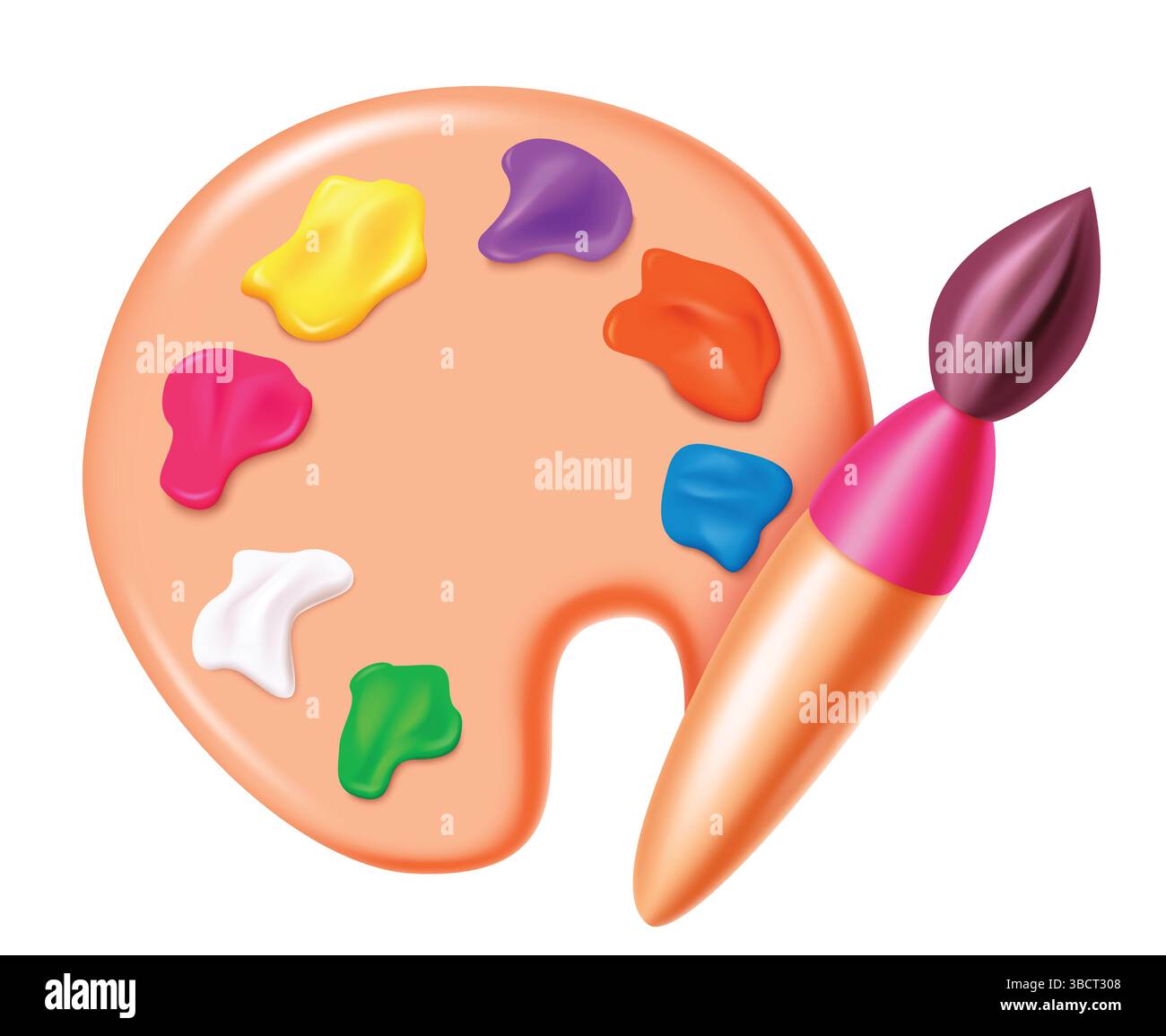 Tavolozza degli artisti con pennello e colori isolati su sfondo bianco. Illustrazione vettoriale. Illustrazione Vettoriale