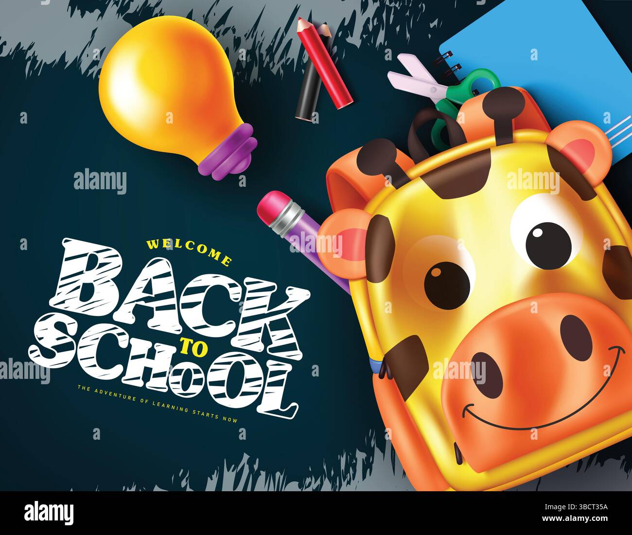 Torna a pos. Modello clipart scuola Testo di saluto scolastico con elementi educativi come zaino, taccuino, matita colorata e forbici per imparare Illustrazione Vettoriale