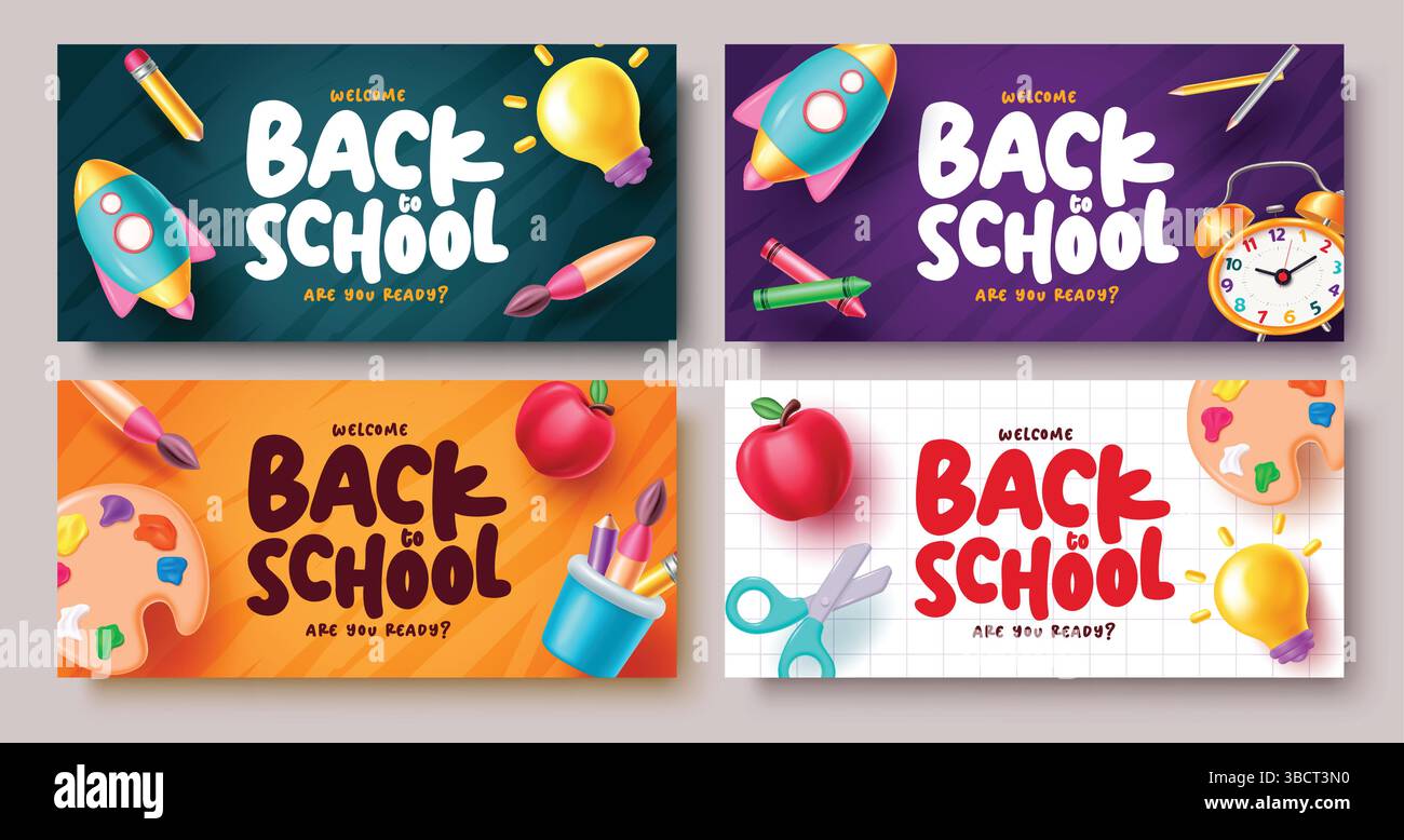 Design del set di banner vettoriali Back to School. Bentornato a scuola testo di saluto con elementi vettoriali colorati Back to School. Illustrazione vettoriale. Illustrazione Vettoriale