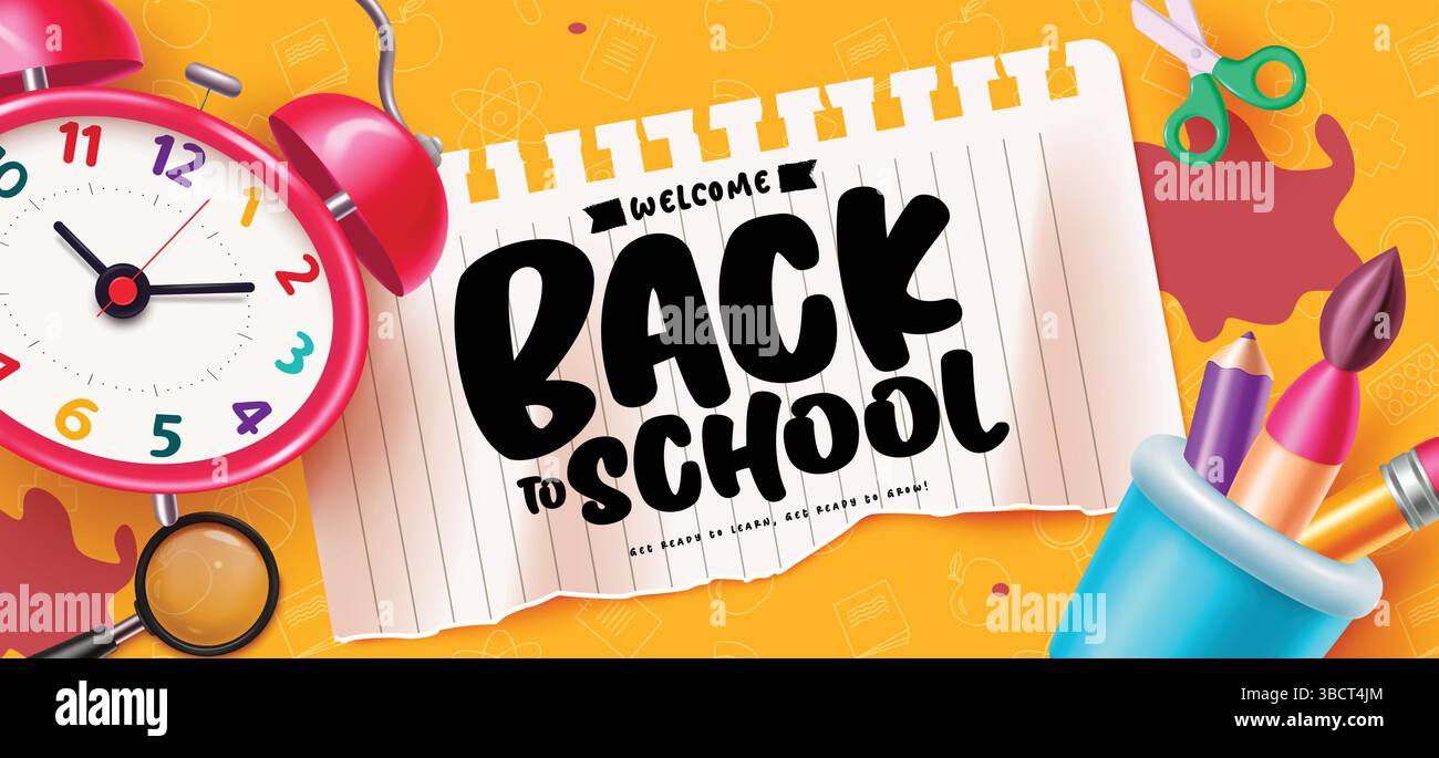 Banner clipart Back to School in design con motivo di sfondo giallo, illustrazione vettoriale. Illustrazione Vettoriale