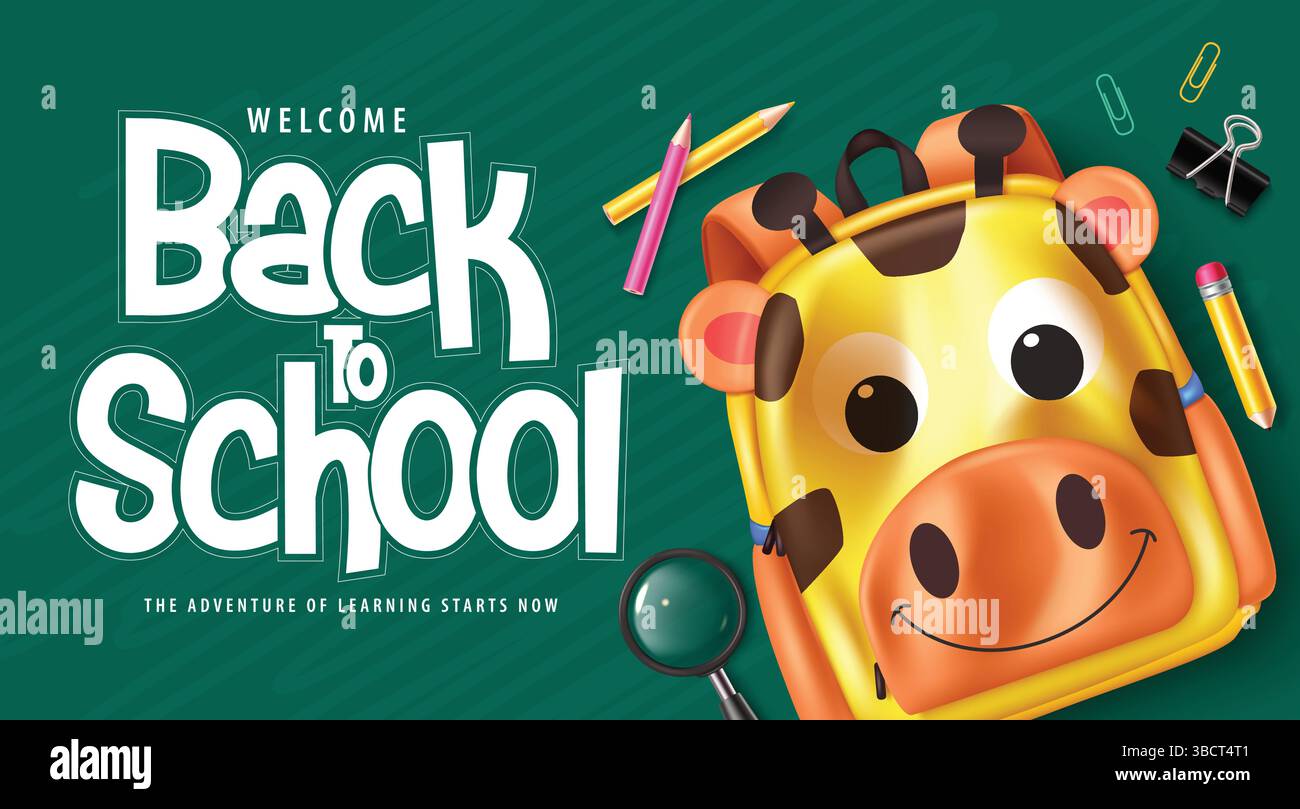 Progettazione del modello vettoriale Back to School. Bentornato al testo scolastico nello spazio della lavagna con elementi vettoriali educativi carini, illustrazione vettoriale. Illustrazione Vettoriale