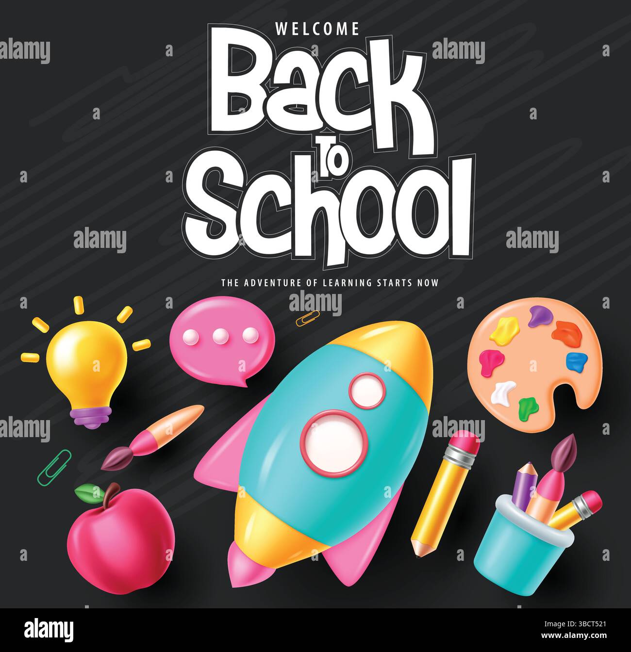Progettazione del modello vettoriale Back to School. Bentornati al testo scolastico con elementi vettoriali carini sullo sfondo della lavagna. Illustrazione vettoriale Illustrazione Vettoriale