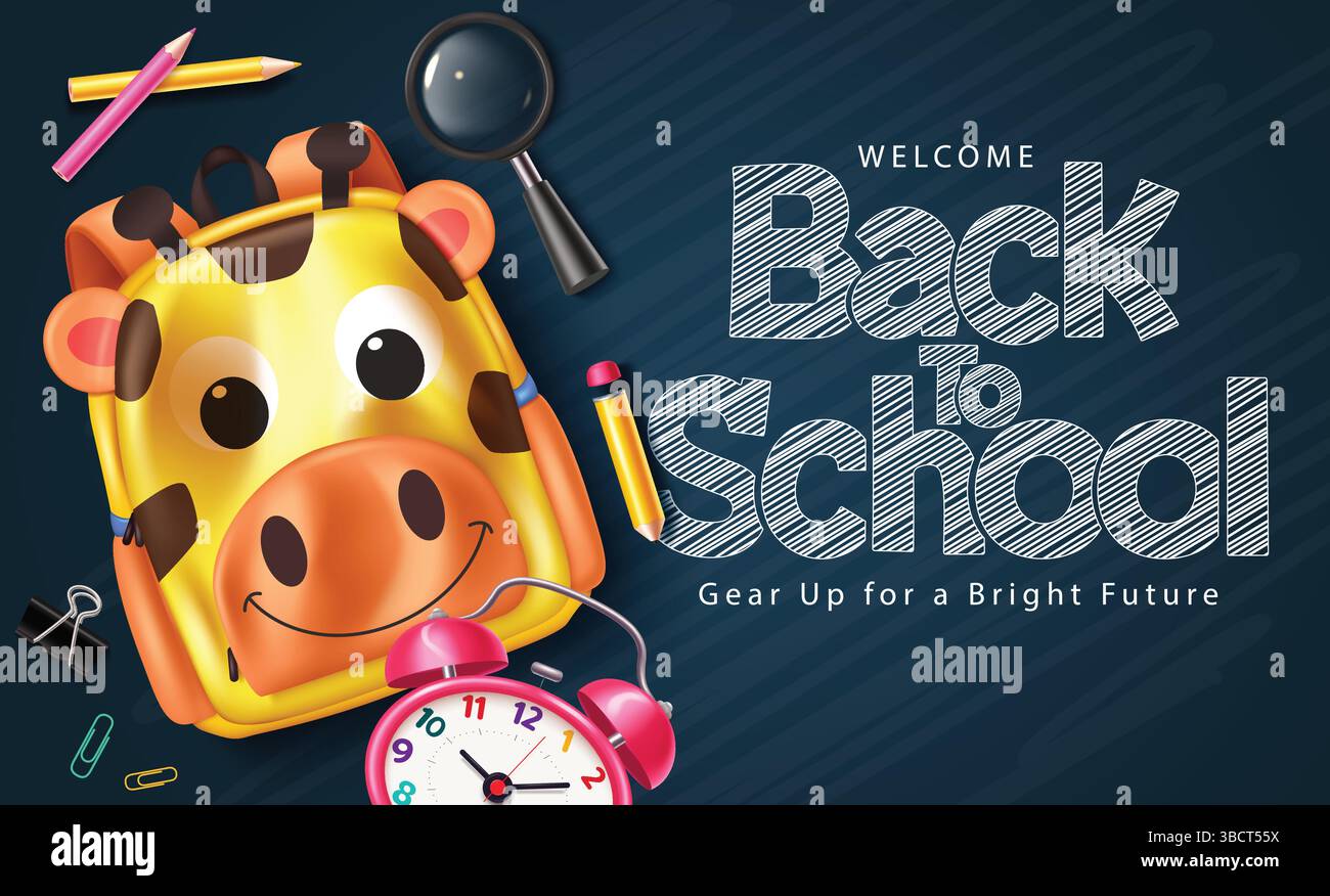 Progettazione del modello vettoriale Back to School. Bentornato al testo scolastico nello spazio lavagna con graziosi elementi vettoriali di materiale didattico Illustrazione Vettoriale