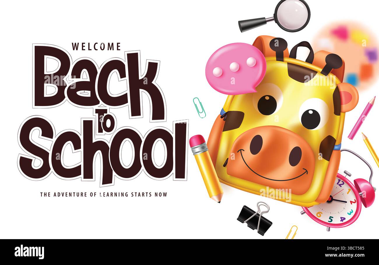 Progettazione del modello vettoriale Back to School. Bentornati al testo scolastico con elementi vettoriali carini per la scuola su sfondo bianco. Illustrazione Vettoriale