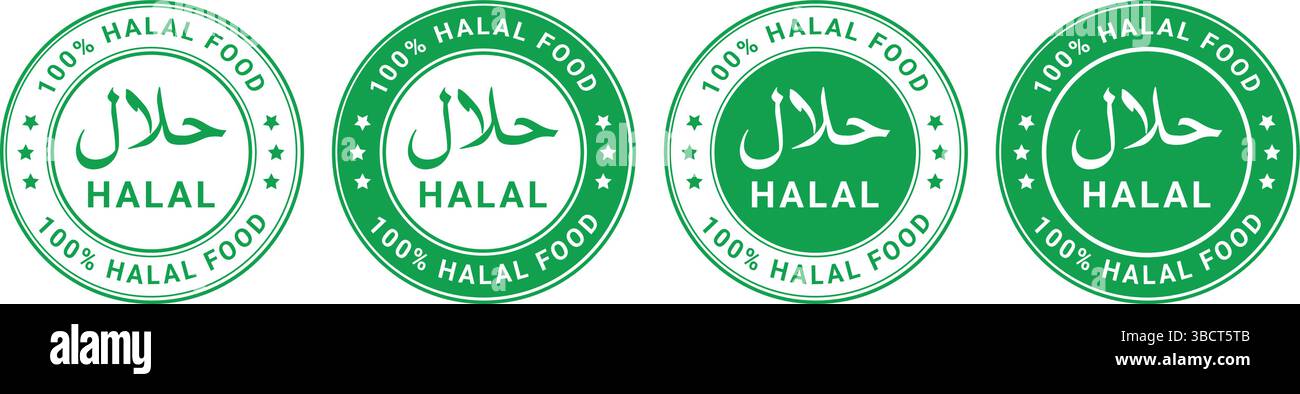 etichette verdi halal circolari con testo in arabo e messaggio halal al 100% utilizzato per la certificazione e il confezionamento degli alimenti Illustrazione Vettoriale