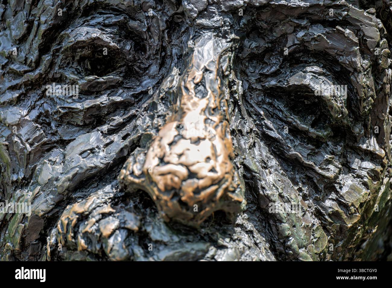 WASHINGTON DC - Una vista ravvicinata della faccia della statua di Albert Einstein Memorial situata sui terreni della National Academy of Sciences. Il monumento in bronzo di 21 piedi, creato dallo scultore Robert Berks e inaugurato nel 1979, raffigura il famoso fisico in una posizione rilassata e seduta. La statua mostra le caratteristiche distintive del viso di Einstein, tra cui i suoi baffi caratteristici e l'espressione premurosa. Il memoriale commemora i contributi di Einstein alla scienza e all'umanità, in particolare il suo lavoro sulla teoria della relatività. I visitatori spesso toccano il naso della statua per buona fortuna, risultato Foto Stock
