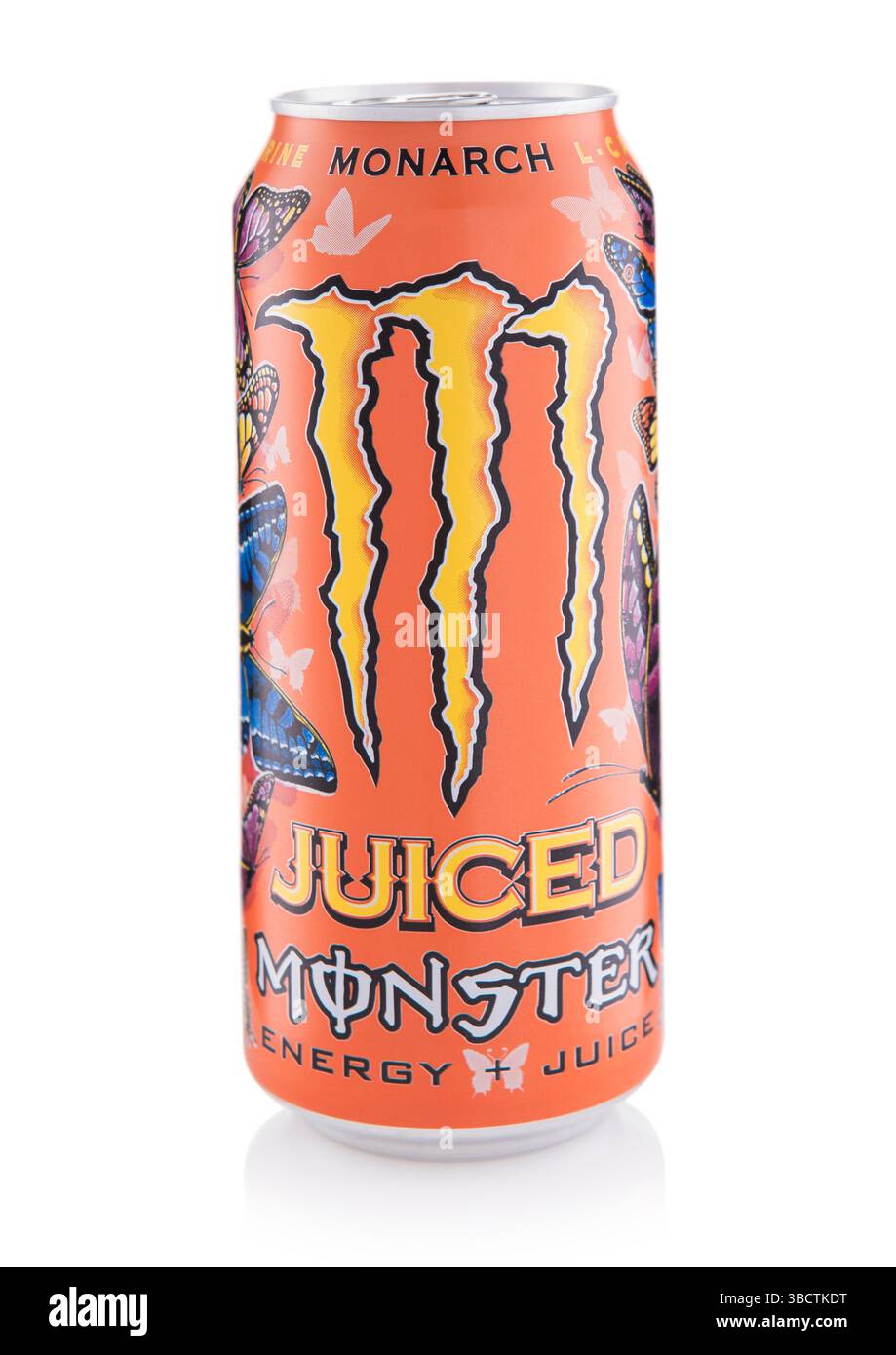 LONDRA, Regno Unito - 01 MARZO 2025: Bevanda analcolica Monarch Energy soft soda su bianco. Foto Stock