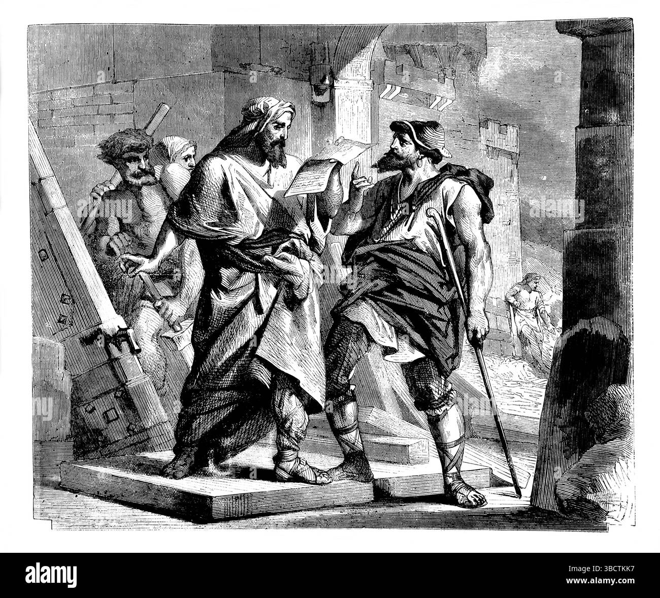 Illustrazione di Neemia e Servo di Sanballat con una lettera di Sanballat l'Horonita (Nehemiah) dell'Antico XIX secolo The Holy Bible contai Foto Stock