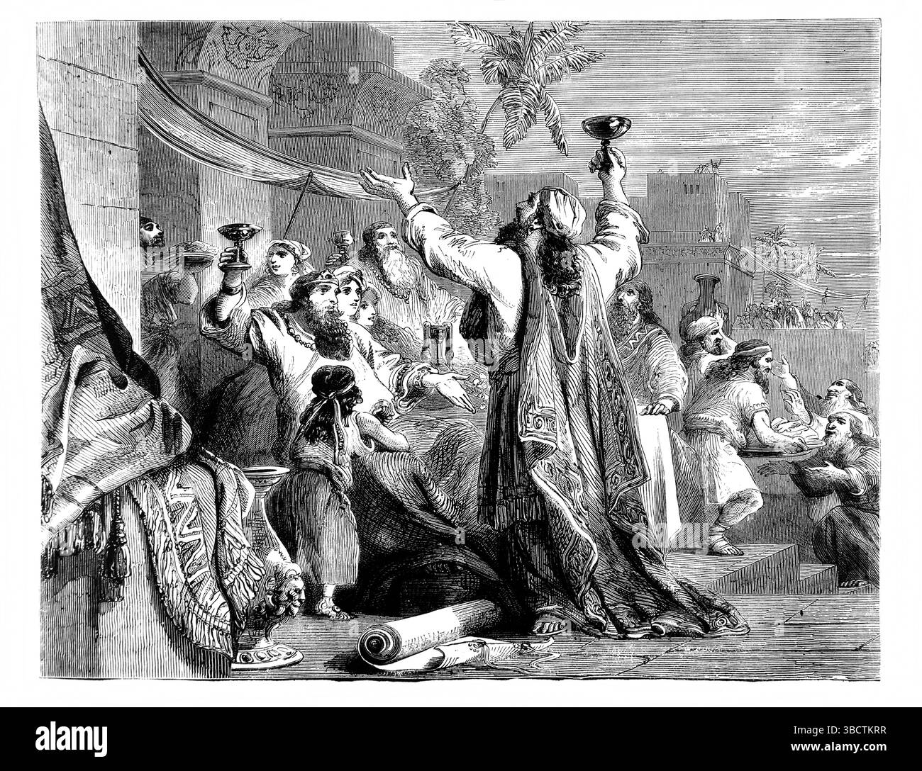 Illustrazione degli antichi ebrei che celebrano la Festa di Purim dall'Antico XIX secolo la Sacra Bibbia contenente l'Antico e il nuovo Testamento Foto Stock