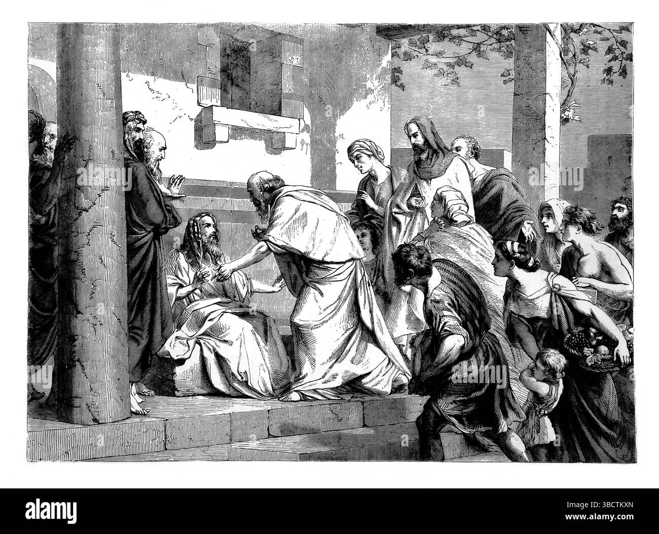 Illustrazione di Giobbe che riceve i regali dei suoi amici dopo il suo restauro alla prosperità (Giobbe) dall'Antico XIX secolo la Sacra Bibbia contenente Foto Stock