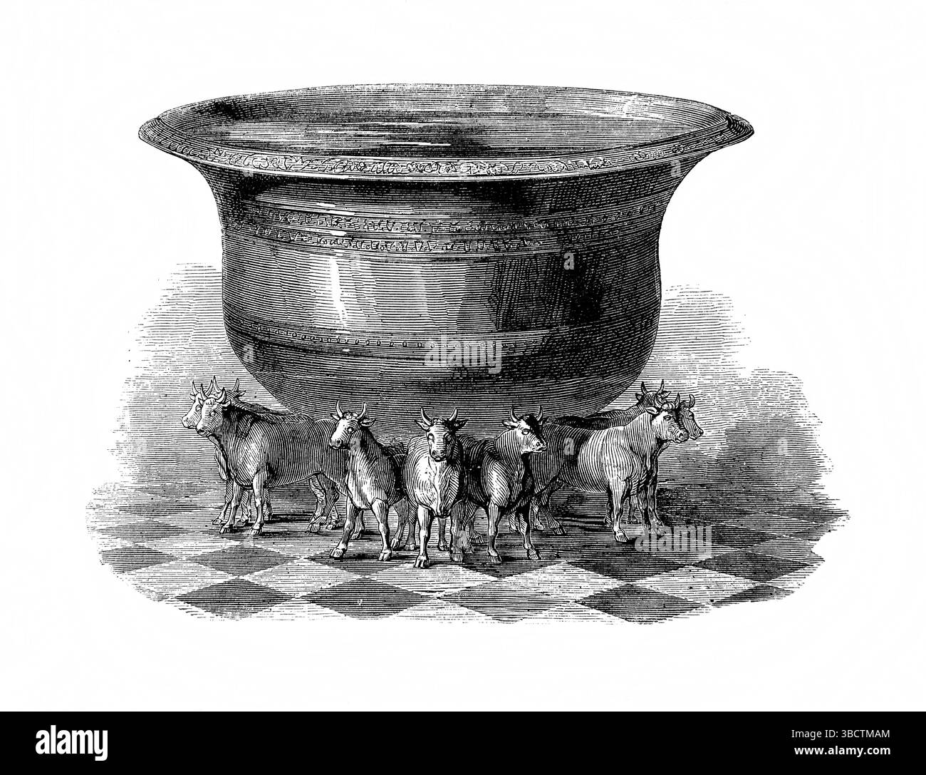 Illustrazione del Mare di Brazen (Mar di Molten) un grande bacino che si trovava nella corte interna del Tempio di Gerusalemme per i sacerdoti per fare il loro Ablutio Foto Stock