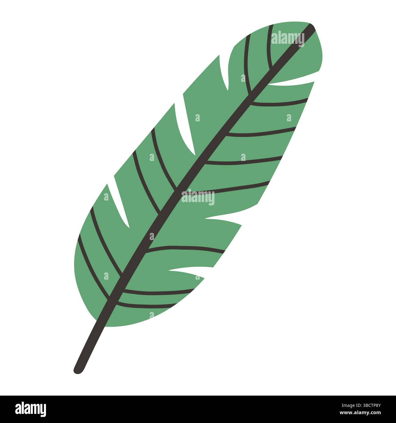 Illustrazione vettoriale di una singola foglia di banana in verde con uno stelo scuro audace. Il design è semplice, piatto e stilizzato, perfetto per l'estate tropicale Illustrazione Vettoriale