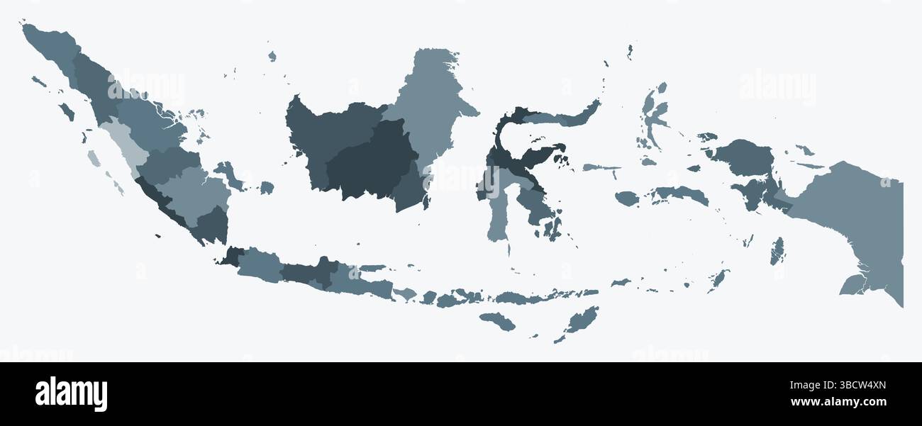 Mappa dell'Indonesia con le regioni. Solo una semplice mappa di confine con la divisione della regione. Tavolozza dei colori blu/grigio. Illustrazione Vettoriale