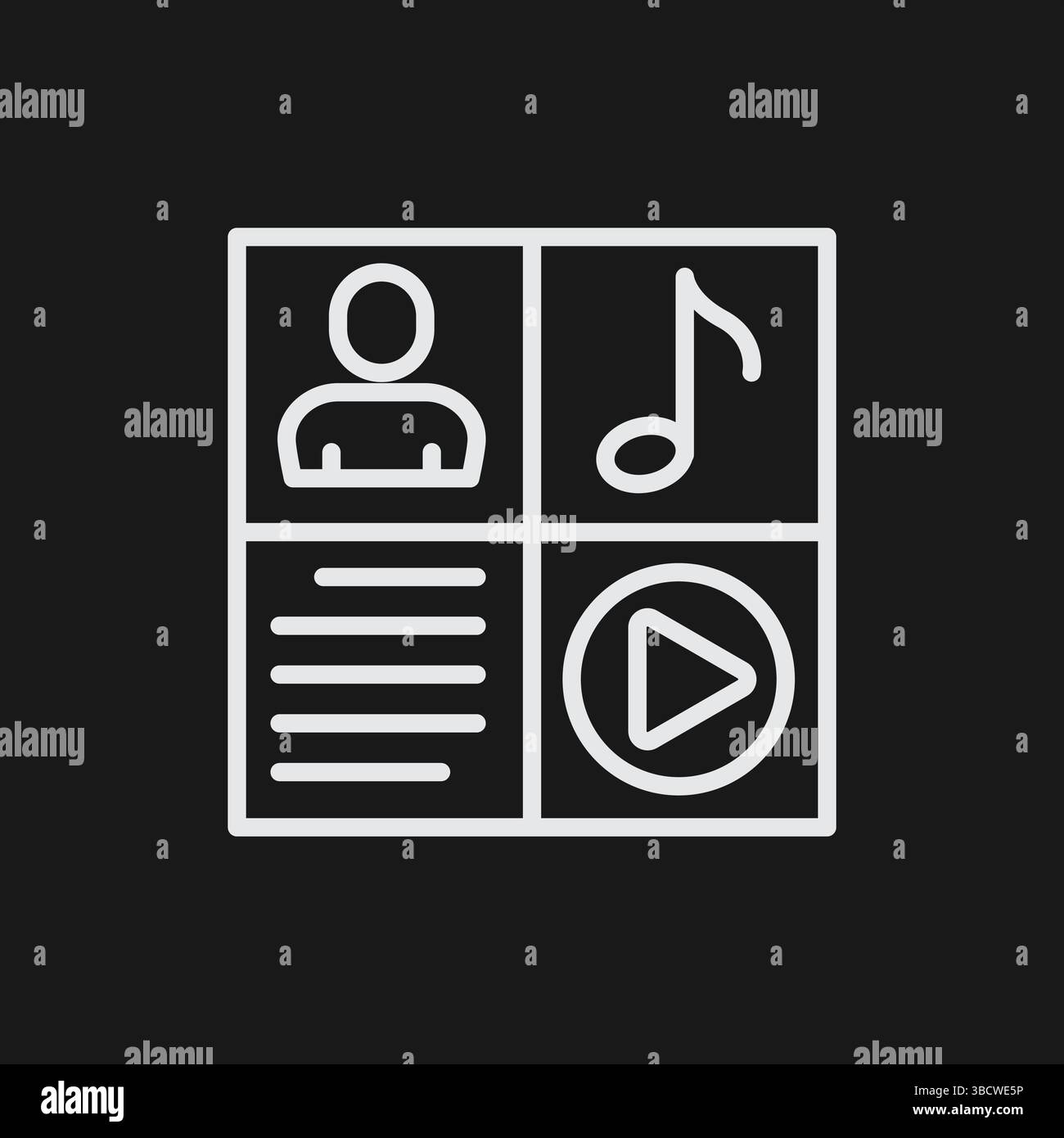 Icona contenuto multimediale illustrazione di profilo semplice vettoriale di profilo utente, testo, nota musicale e grafica pulsante di riproduzione Illustrazione Vettoriale
