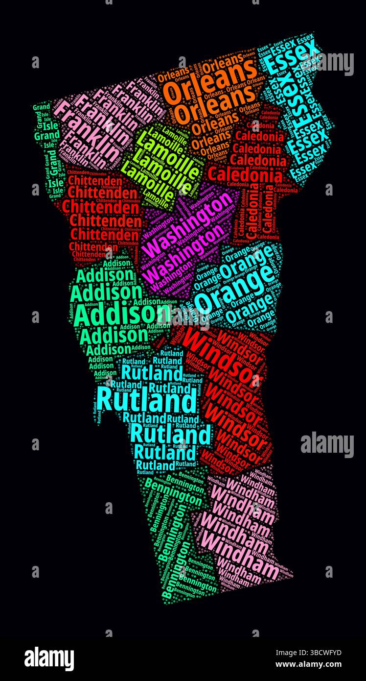 Vermont Regions Word Clouds. Design tipografico luminoso su sfondo scuro. I nomi delle regioni del Vermont tag cloud. Forma del contorno. Illustrazione Vettoriale